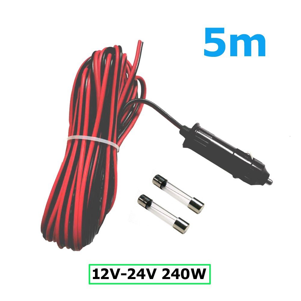Bolwins D73C 5m 240W 12V/24V KFZ Auto Zigarettenanzünder Anzünder Stromkabel Netzkabel, KFZ Zigarettenanzünder-Stecker (12V/24V), Offene Kabelenden (rot + / schwarz) (500 cm), Mit Sicherung, hohe Belastbarkeit bis 240W, lange Kabellänge