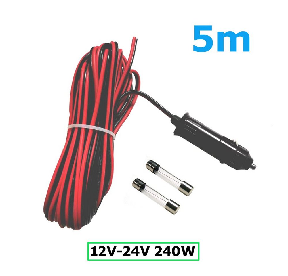 Bolwins D73C 5m 240W 12V/24V KFZ Auto Zigarettenanzünder Anzünder Stromkabel Netzkabel, KFZ Zigarettenanzünder-Stecker (12V/24V), Offene Kabelenden (rot + / schwarz) (500 cm), Mit Sicherung, hohe Belastbarkeit bis 240W, lange Kabellänge
