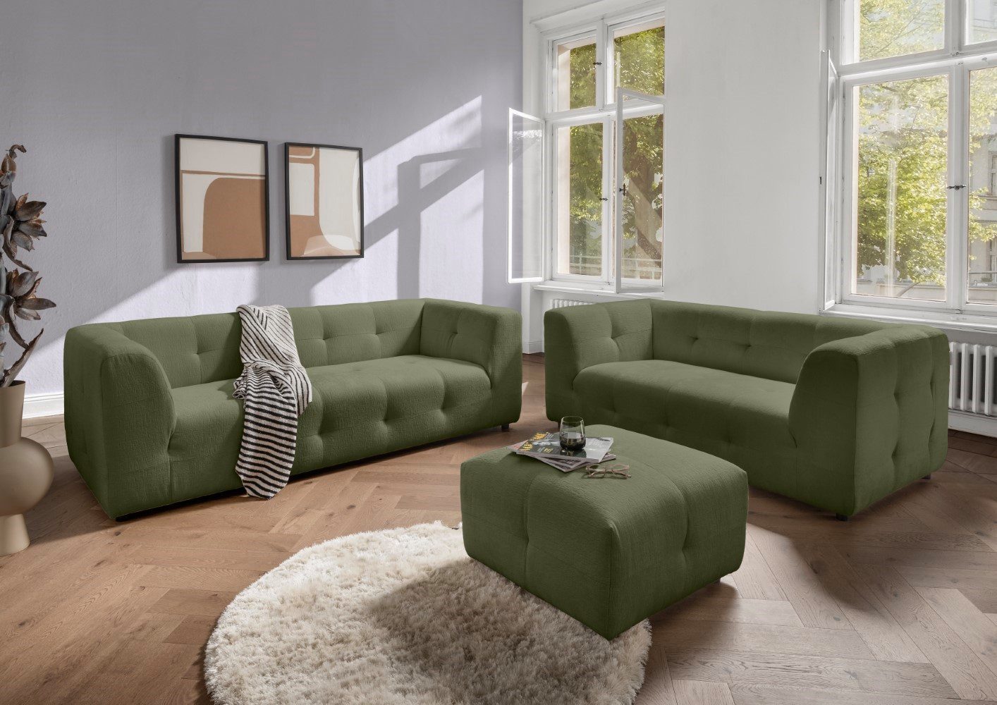 Myhomelando Sofa Sofa Set Belice 2,5er+2er+Hocker, Tonnentaschenfederkern, inklusive Hocker