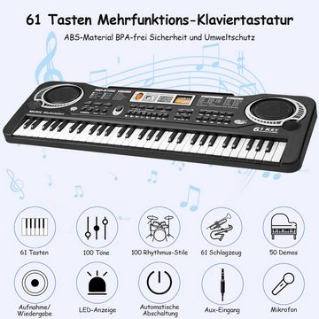 GOOLOO Digitalpiano Keyboard Tasteninstrumente Kinder-Keyboard mit 61 Tasten und Mikrofon (Mit Tastatur 61 Tasten+1 x Adapter (EU)+1 x USB-Kabel+1 x Mikrofon, mit 6 Demo-Liedern in Englisch), 16 Klangfarben, 10 Rhythmen, 8 Percussion-Instrumenten, 2 Lernfunktion