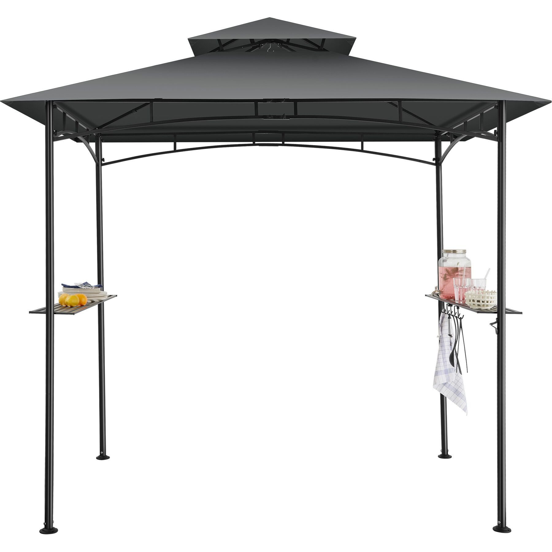 tectake Pavillon Grillpavillon, inklusive 8 Heringen und 6 Haken, 240 x 150 x 250 cm, mit 2 Seitenteilen, (Grillüberdachung Maracaibo, in anthrazit), wetterfest mit UV-Schutz, Flaschenöffner, seitliche Gitterablagen