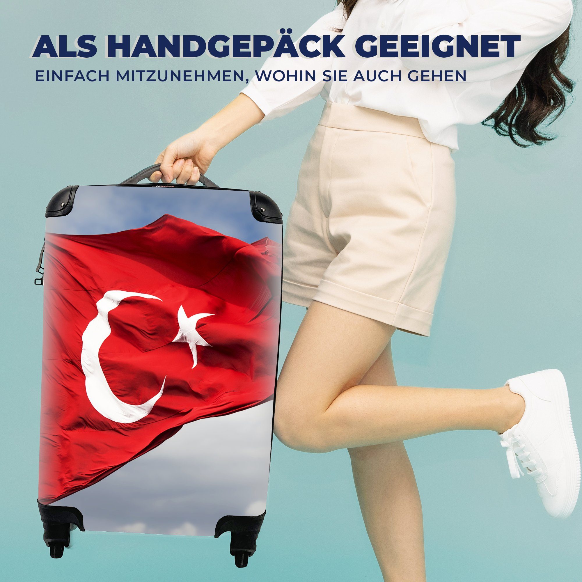 MuchoWow Handgepäckkoffer Eine türkische Flagge im Wind, 4 Rollen, Reisetasche mit rollen, Handgepäck für Ferien, Trolley, Reisekoffer