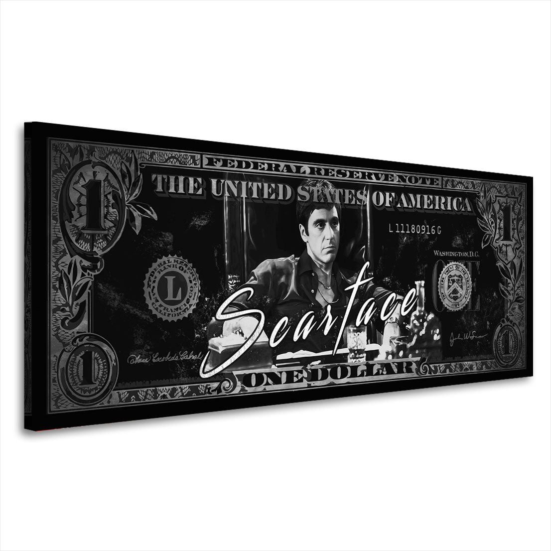 Artedinoi Leinwandbild Scar face schwarz weiß Leinwandbild Wandbild Dollar Kunstdruck XL Wand, Gangster in Schwarz-Weiß mit Dollar