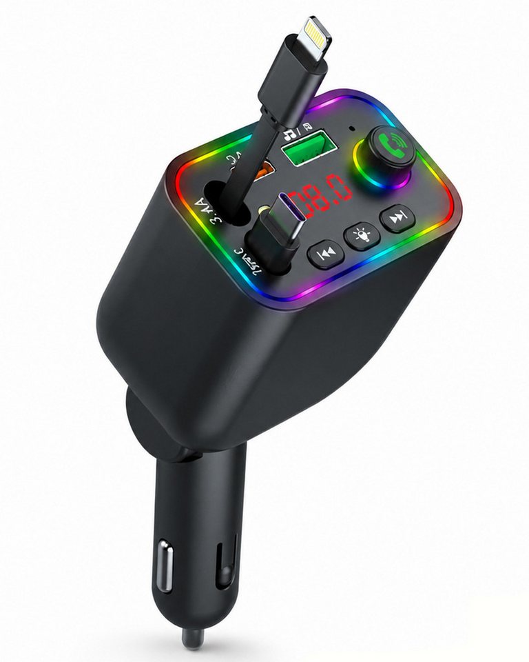 OYLCDI Bluetooth-FM-Transmitter für Auto,PD3.0/PP/PPSQC4.0+AFC Schnelllade KFZ-Transmitter Bluetooth FM Transmitter Auto zu mit Dual einziehbaren Kabeln, RGB Ambientebeleuchtung, PD Schnellladen, LED Digitalanzeige, Freisprecheinrichtung,U-Disk & Musik-St