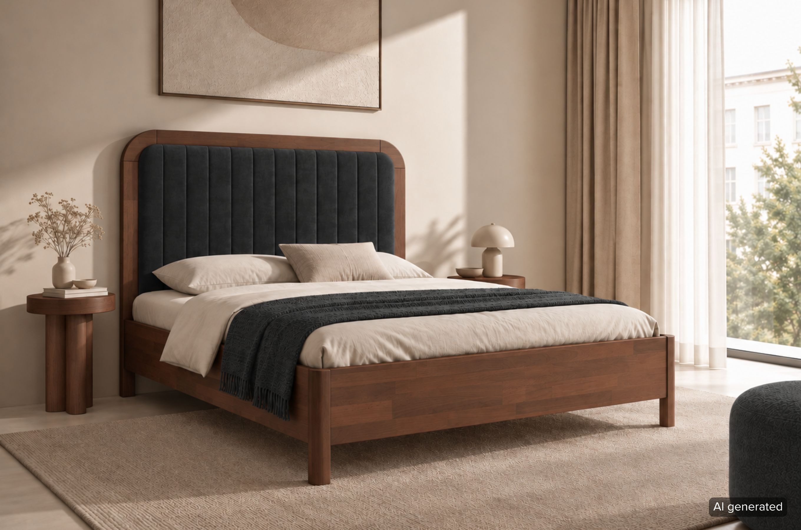 Visby Holzbett Modena (Buchenbett – hohes Bett mit abgerundeten Kanten), mit hohem, gepolstertem Velvet-Kopfteil, 140/200, Buche – lackiert