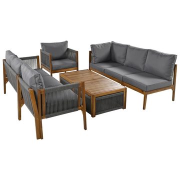 Merax Gartenlounge-Set für 7 Personen, (6-tlg., 1 3-Sitzer Sofa, 1 2-Sitzer Bank, 2 Stühle, 2 Couchtische), Gartenmöbel Set aus Akazie, Balkonset Seil Rope Lounge, Sitzgruppe