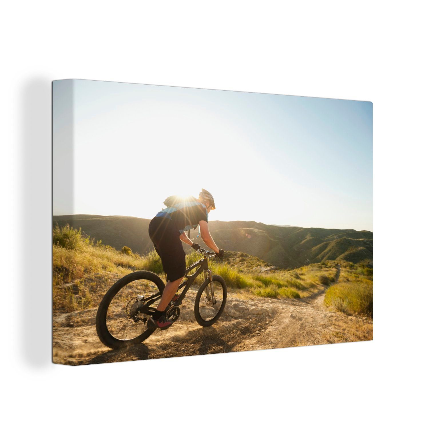 OneMillionCanvasses® Leinwandbild Auf dem Feldweg mit dem Mountainbike, (1 St), Wandbild Leinwandbilder, Aufhängefertig, Wanddeko, 30x20 cm