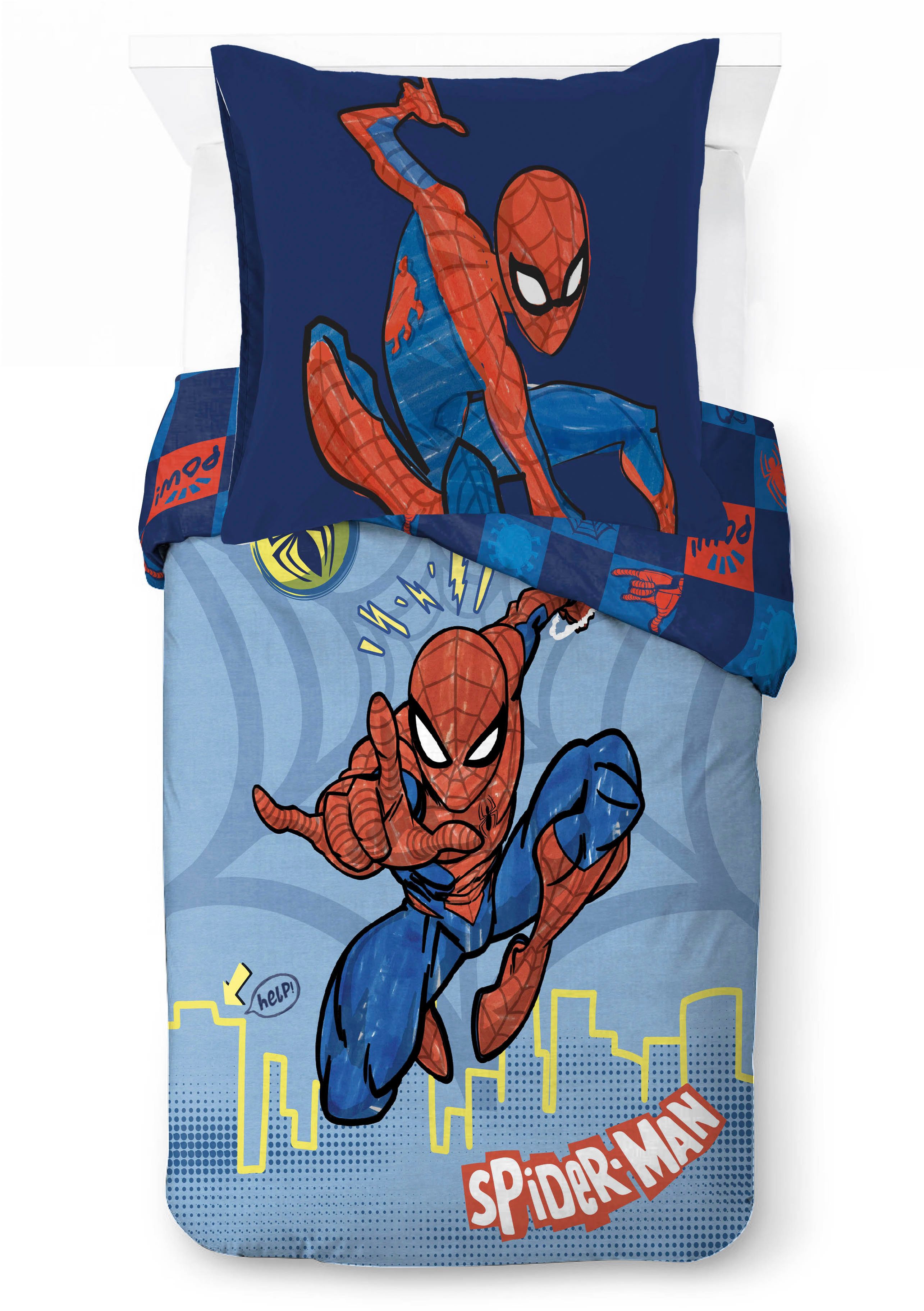 MARVEL Kinderbettwäsche Marvel Spiderman Bettbezug-Set 135x200 cm + Kissenbezug 80x80 cm, Washed Cotton, 2 teilig, 100 % Baumwolle, maschinenwaschbar, wendbar