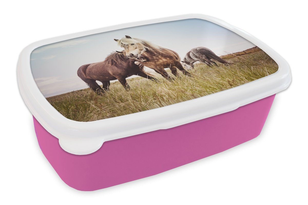 MuchoWow Lunchbox Pferde - Gras - Frühling, Kunststoff, (2-tlg), Brotbox für Erwachsene, Brotdose Kinder, Snackbox, Mädchen, Kunststoff rosa