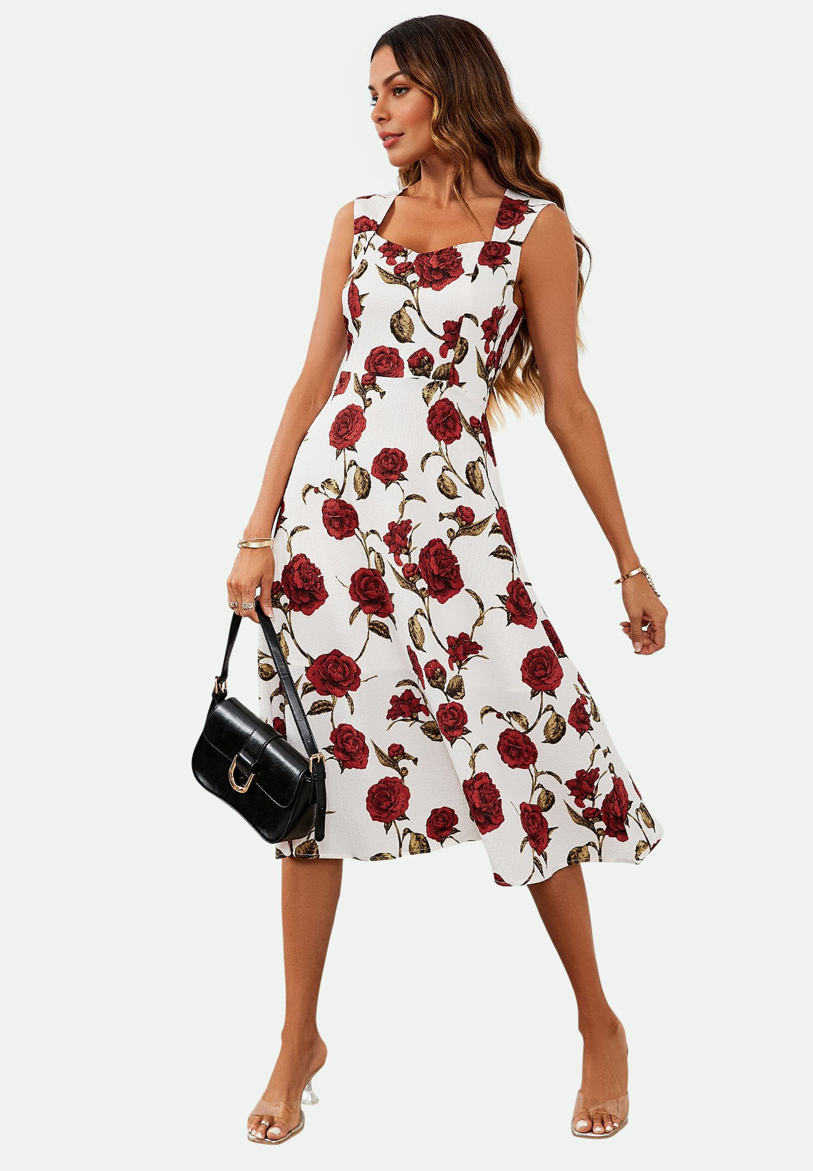 FS Collection Midikleid Damen Midikleid mit rotem Rosenmuster und Herzaussc günstig online kaufen