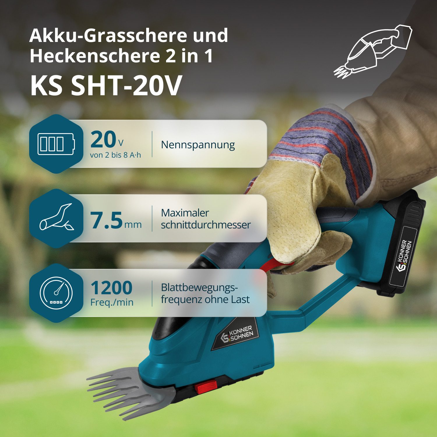 Könner & Söhnen Akku-Kettensäge KS SHT-BCT-SET, Gartenpflege-Set mit Schere, Trimmer, Akku & Ladegerät, 1-tlg., Inklusive 4Ah Akku als Geschenk & 4,5A Schnellladegerät, Bürstenloser Trimmer, Grasschere 2-in-1, 20V System