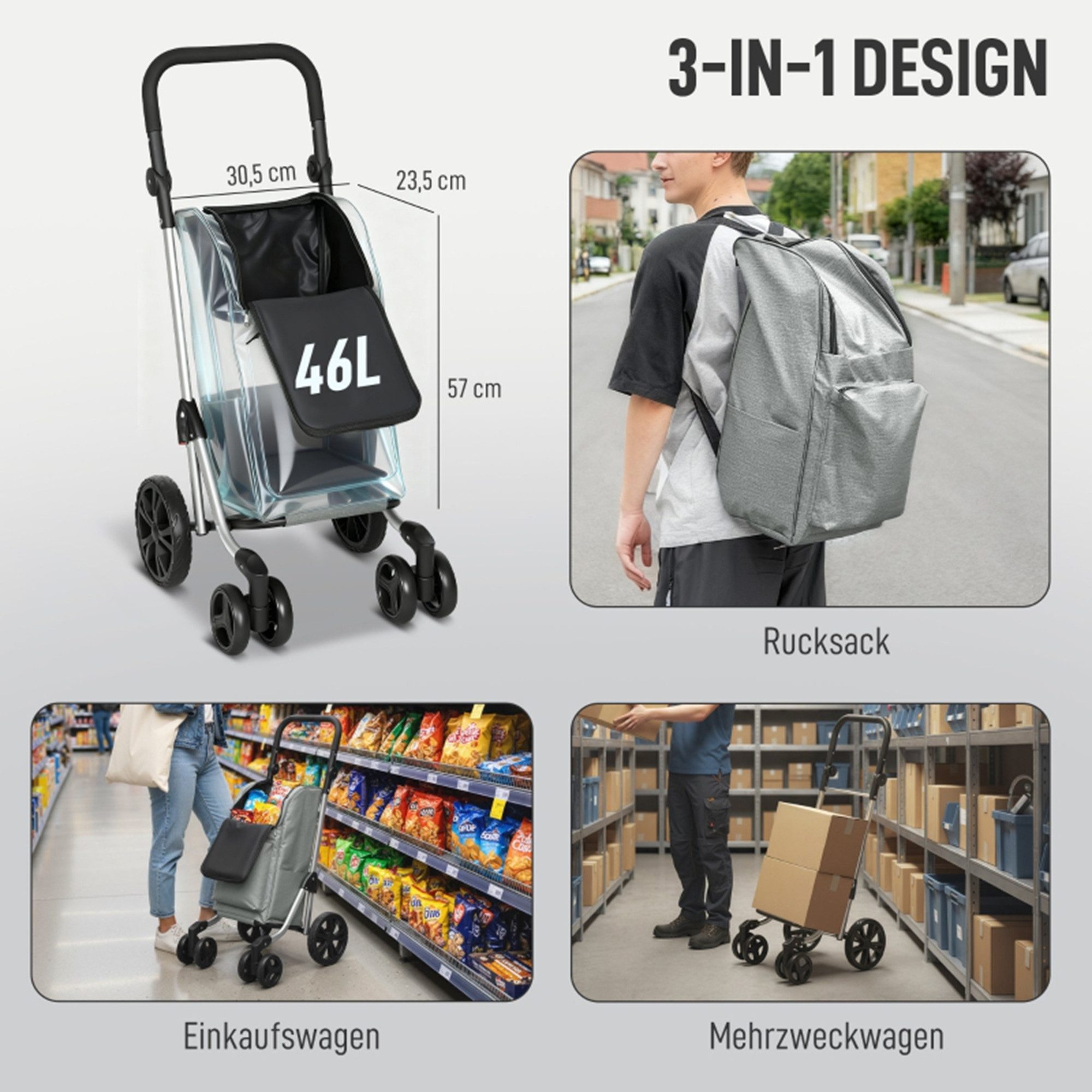 MC Star Einkaufstrolley Einkaufstrolley, 46 Liter Tasche, Faltbarer Einkaufswagen, mit Kühltasche, verstellbarer Griff, Aluminiumrahmen, Grau