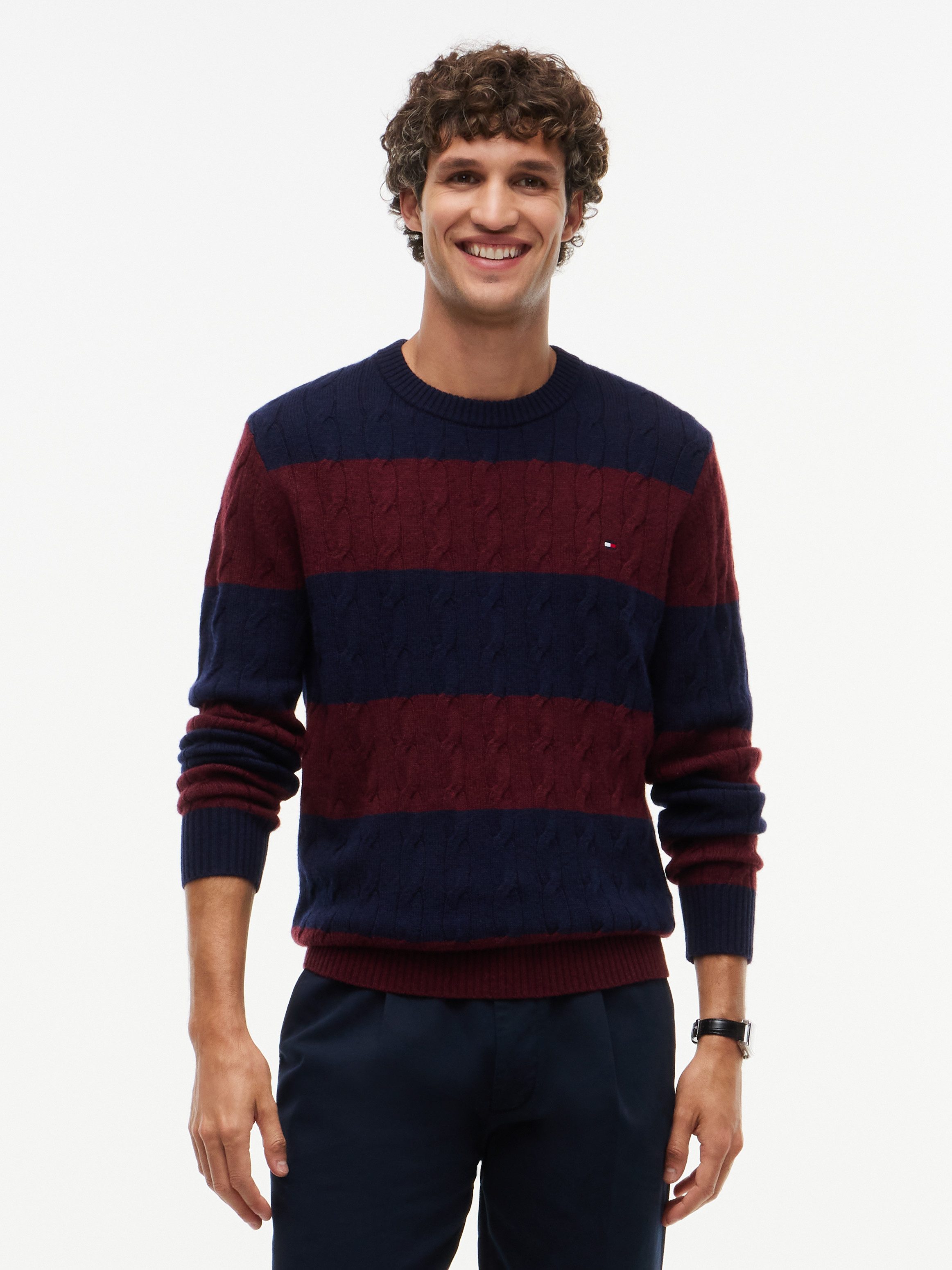 Tommy Hilfiger Rundhalspullover LAMBSWOOL CABLE CREW aus reiner Lammwolle mit Zopfmuster
