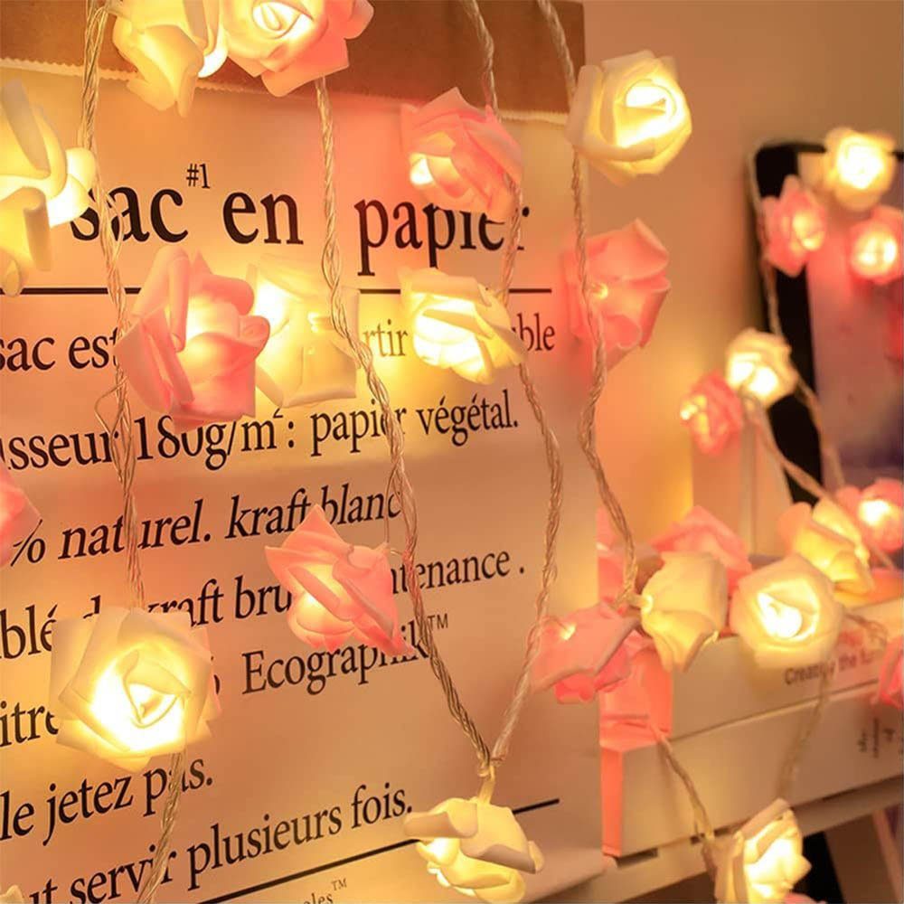 MUPOO LED-Lichterkette LED Nachtlicht 3M Garten Rose,LED Girlande,Kunstblume Warmweiß,Batterie, Dekolicht Rose Rosa für Weiß 20LEDs Party Weihnachten,Blumengirlande