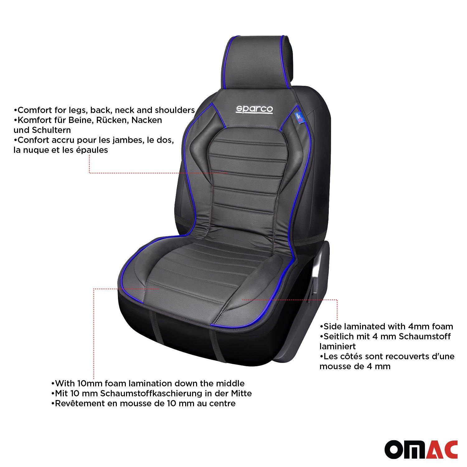 OMAC Car Seat Cover SPARCO Seat Cushion Seat Pad Universal Black Blue Car Seat Protector, Breathable, Sporty Look, Ergonomic