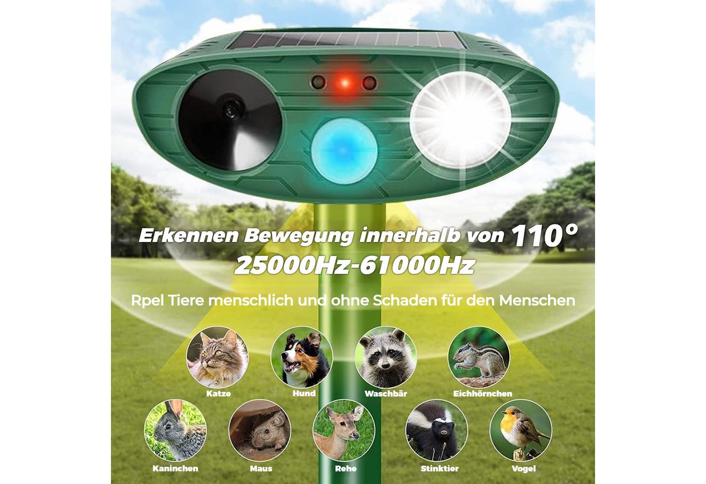 Thumbnail - BlingBin Ultraschall-Tierabwehr Katzenschreck Ultraschall, Solar Tiervertreiber mit Bewegungssensor, 1er Set 1-tlg., IPX...