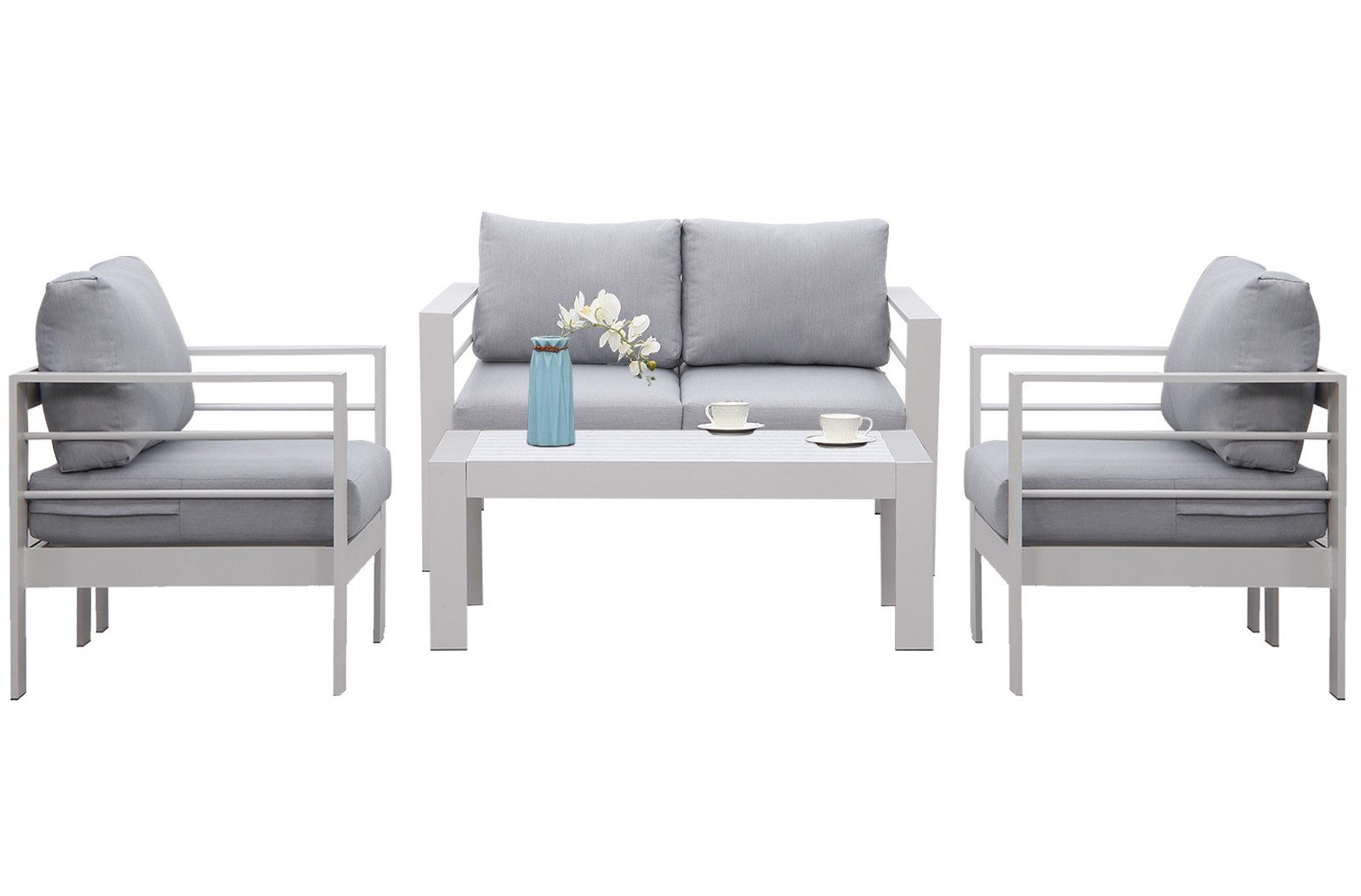 MeXo Gartenlounge-Set Gartenmöbel Set Aluminium Loungeset für Terrasse Balkon, (Set, 4-tlg., 1×2-Sitzer Sofa, 2×Sessel, 1×Tisch, 8×Auflagen), wetterfest Sitzgruppe Essgruppe Gartengarnitur für 3-4 Personen