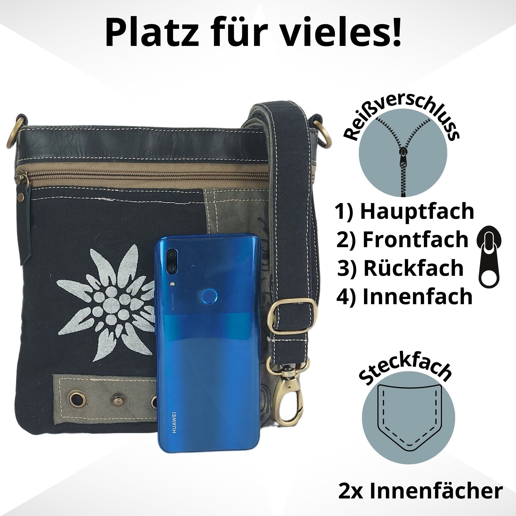 Domelo Trachtentasche Trachtentasche Dirndl Umhängetasche. Schultertasche mit Edelweiss, echtes Leder, Edelweiss Aufdruck