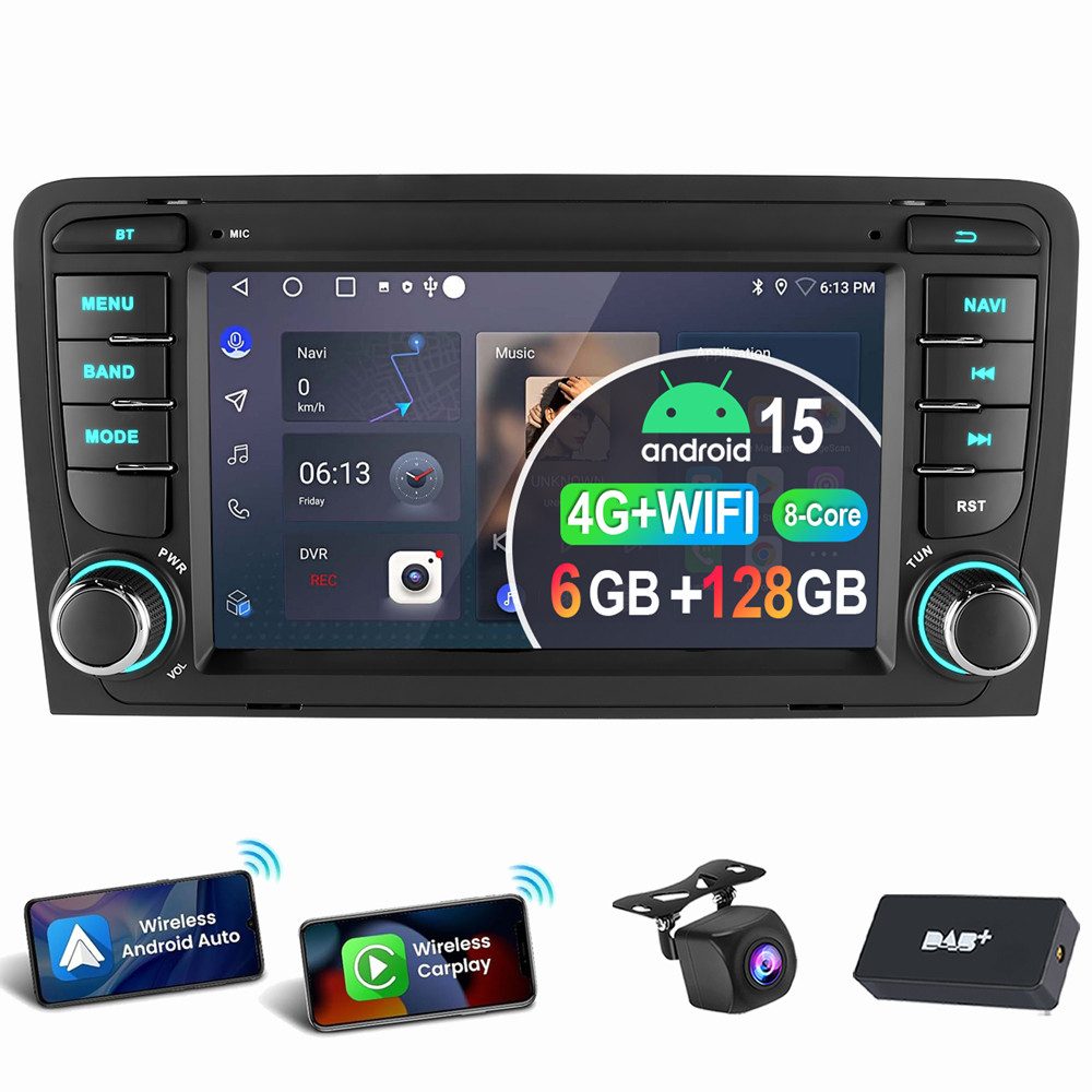 ESSGOO 8 Core Carpaly 6+128G Android 15 Für Audi A3 S3 RS3 8P 8V Autoradio Autoradio (RDS, Digitalradio (DAB), FM, AM, Carplay Android Auto SWC RDS DSP)