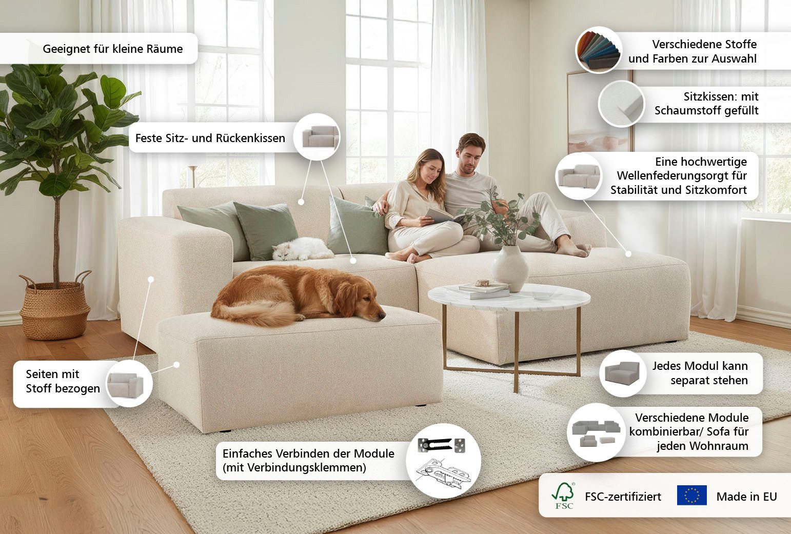 INOSIGN Ecksofa Koa,228cm, L-Form, Modulsofa, Webstoff, Cord, Struktur, Chenille, Designsofa, Set, Hocker inklusive, weicher Lounge-Sitzkomfort