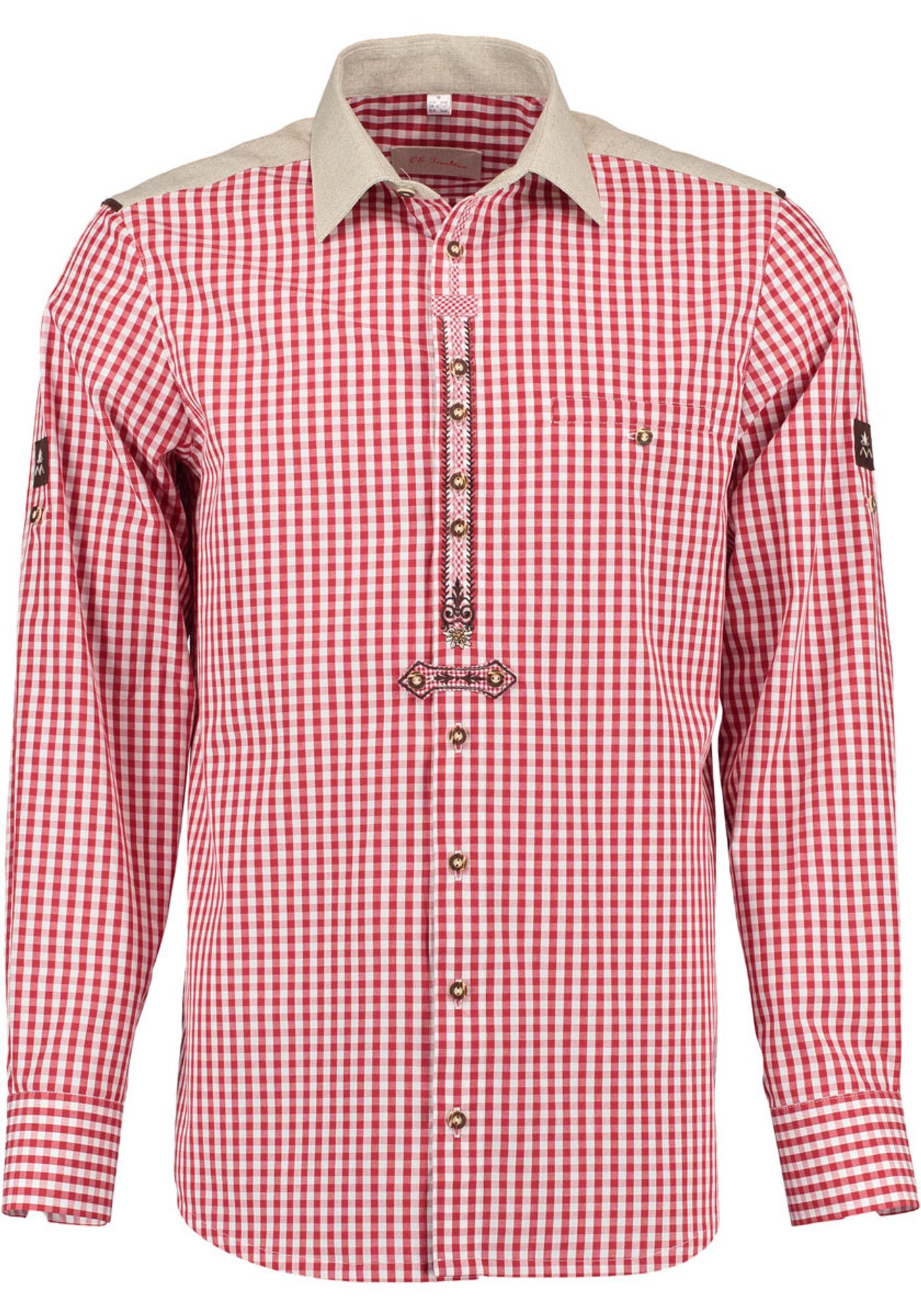 OS-Trachten Trachtenhemd Brelo Langarmhemd mit Paspeltasche, Edelweiß-Stickerei auf der Knopfleiste mittelrot