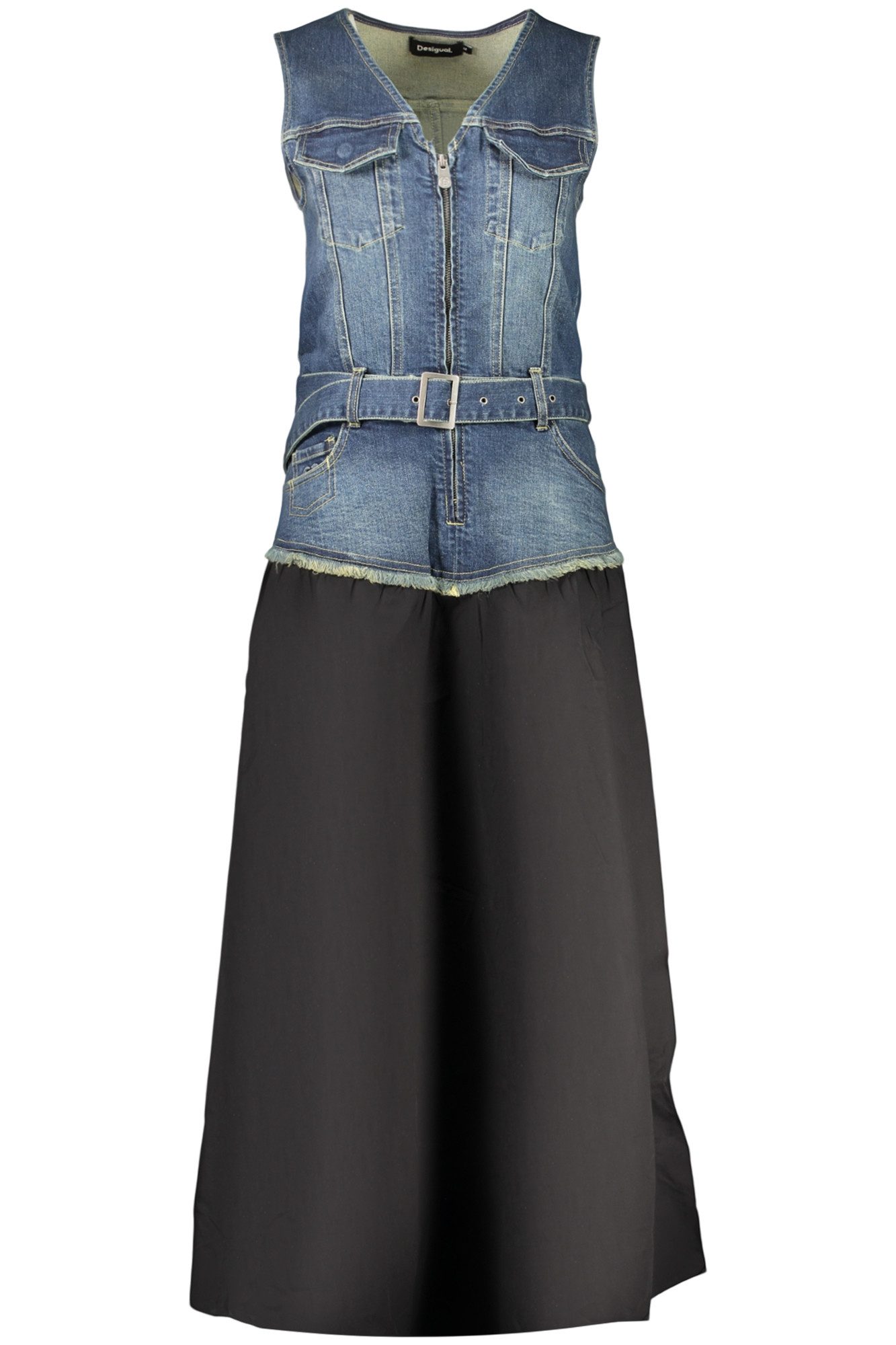 Desigual Partykleid Elegantes langes schwarzes Damenkleid mit V-Ausschnitt und Gürtel