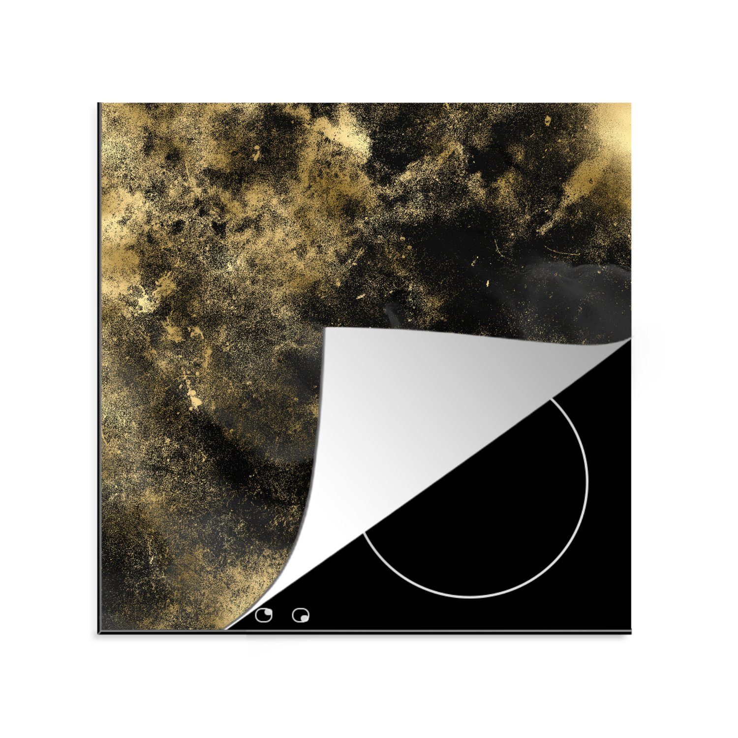 Abstrakt Arbeitsplatte - (1 Herdblende-/Abdeckplatte für cm, Ceranfeldabdeckung, Vinyl, - 78x78 Schwarz, Gold küche tlg), MuchoWow