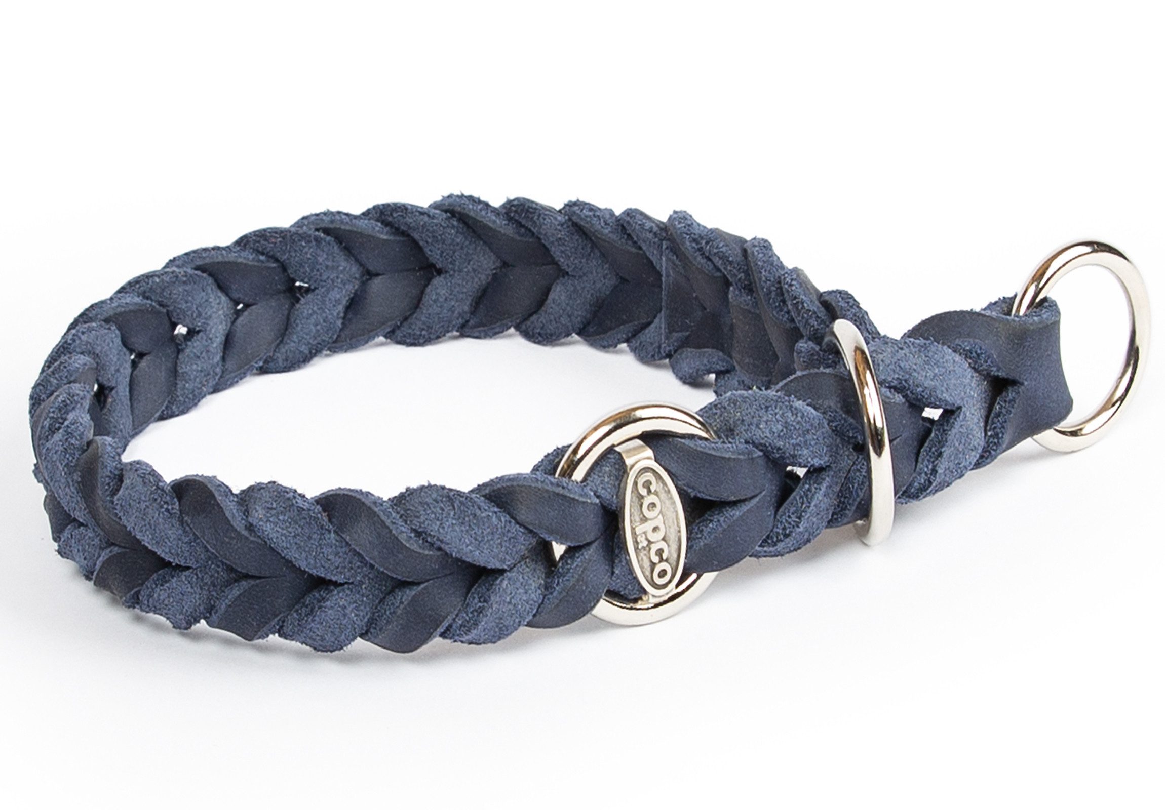 CopcoPet Hunde-Halsband Fettlederhalsband mit Zugstopp Ring, Verchromt, Leder, Geflochten, Handarbeit