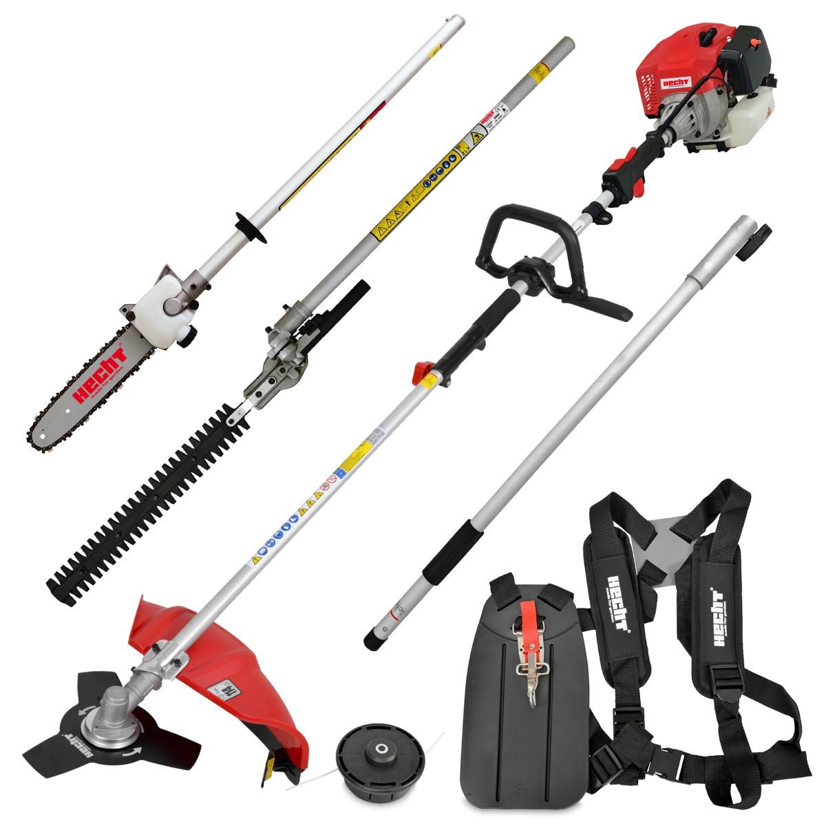 Hecht Benzin-Motorsense Freischneider Hochentaster Heckenschere Multitool 1352, 25,5 cm cm Arbeitsbreite Messer, 43 cm cm Arbeitsbreite Faden, 4-in-1, 1,97 PS, Tragegurt und Verlängerung