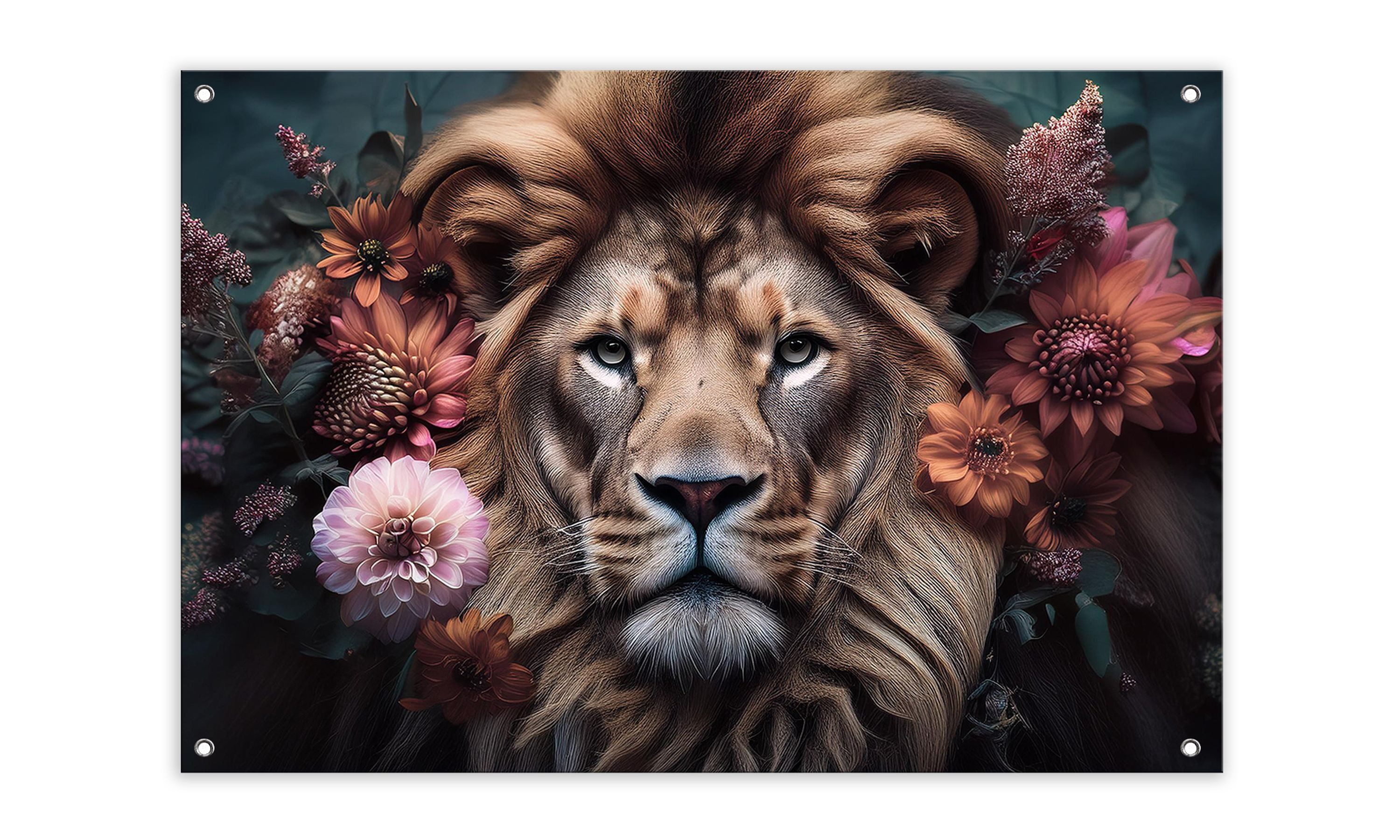 artissimo Poster Garten-Poster 90x60cm Löwe Blumen Outdoor-Deko, Outdoor-Poster: Vintage Löwe