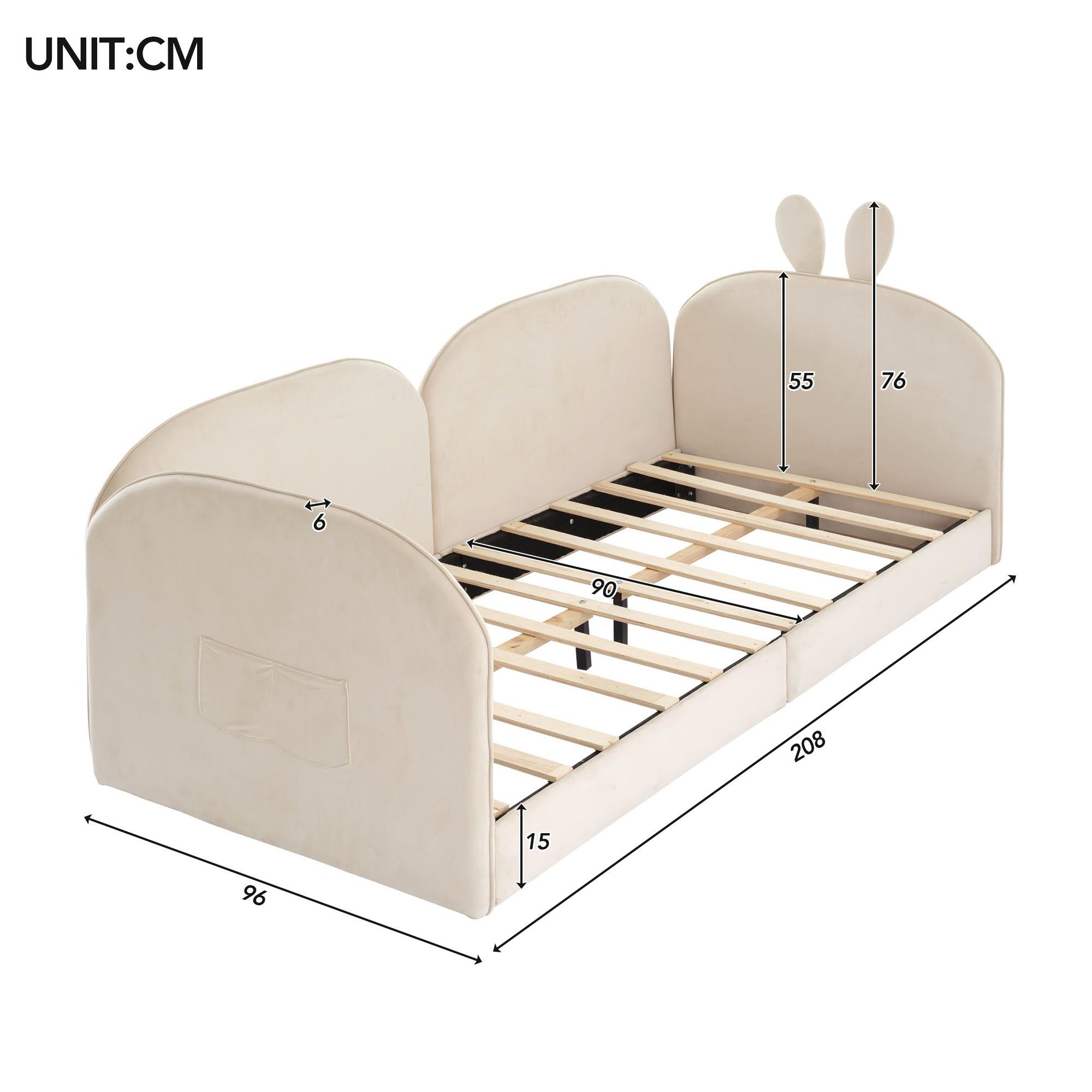 Bett eingeschlossen, Gästebett Daybed), Kinderbett Sofa Polsterbett Einzelbetten Matratze Seiten 3 WISHDOR 90x200cm, Kopfteil ohne Polsterbett,Samt, (Kaninchen