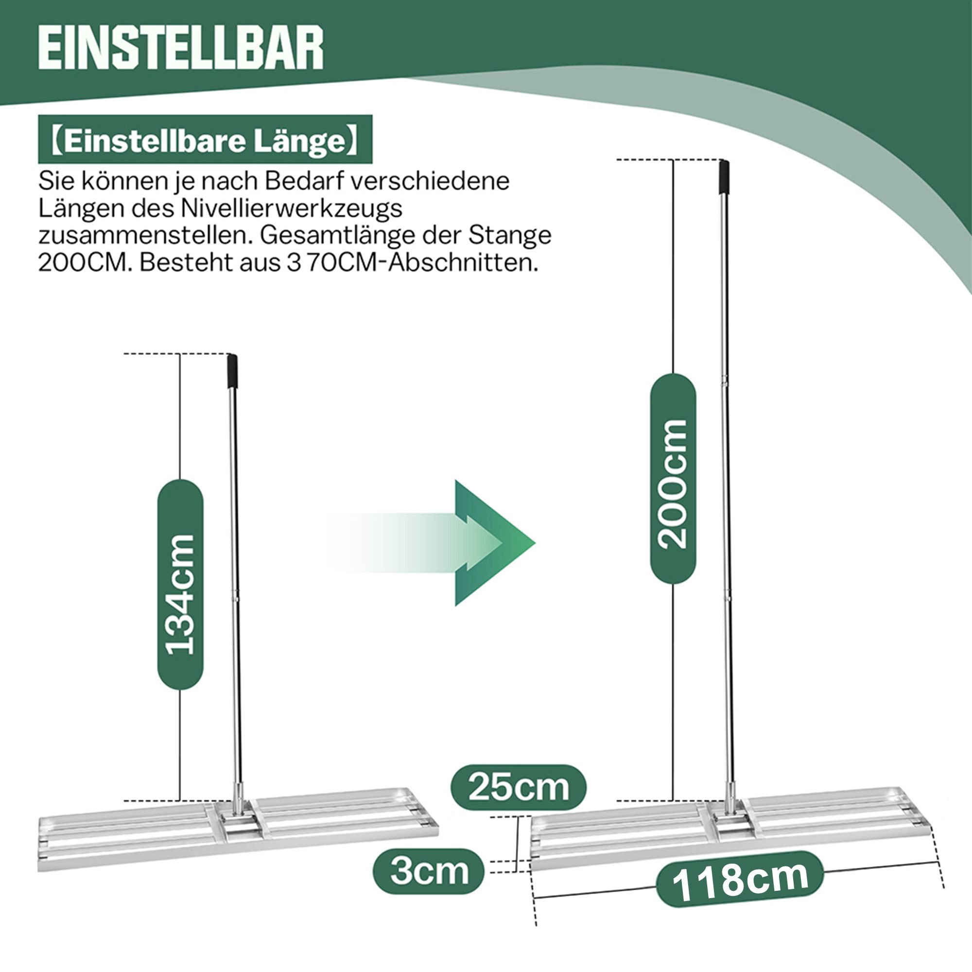 XERSEK Rasenrechen Rasen Rakel V2A Edelstahl Rasenrechen 25x118x200 cm Nivellierrechen, 118 cm Arbeitsbreite, mit 200 cm langem Stiel, (zum Rasen nivellieren und Sanden Verstellbare Länge, Für Yard/Golf/Hinterhof/Fußballplatz)