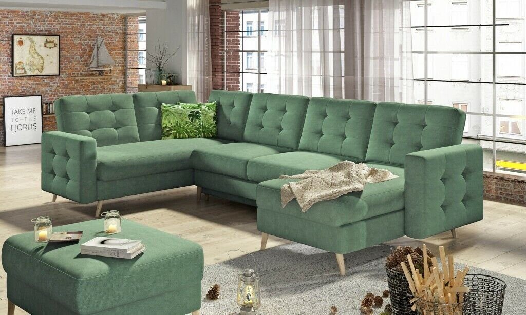 JVmoebel Ecksofa, U-Form Couch Wohnlandschaft Ecksofa Modern Design Sofa textil Stoff Grün