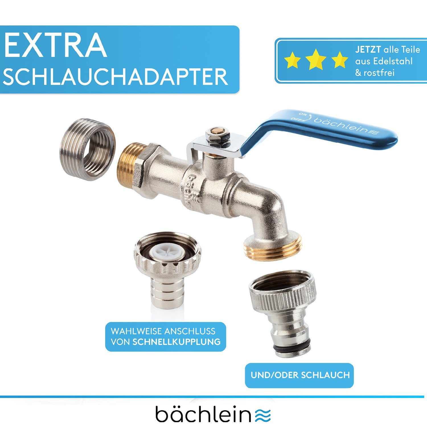 Bächlein Absperrventil Wasserhahn für den Garten - inkl. Adapter und PTFE-Tape