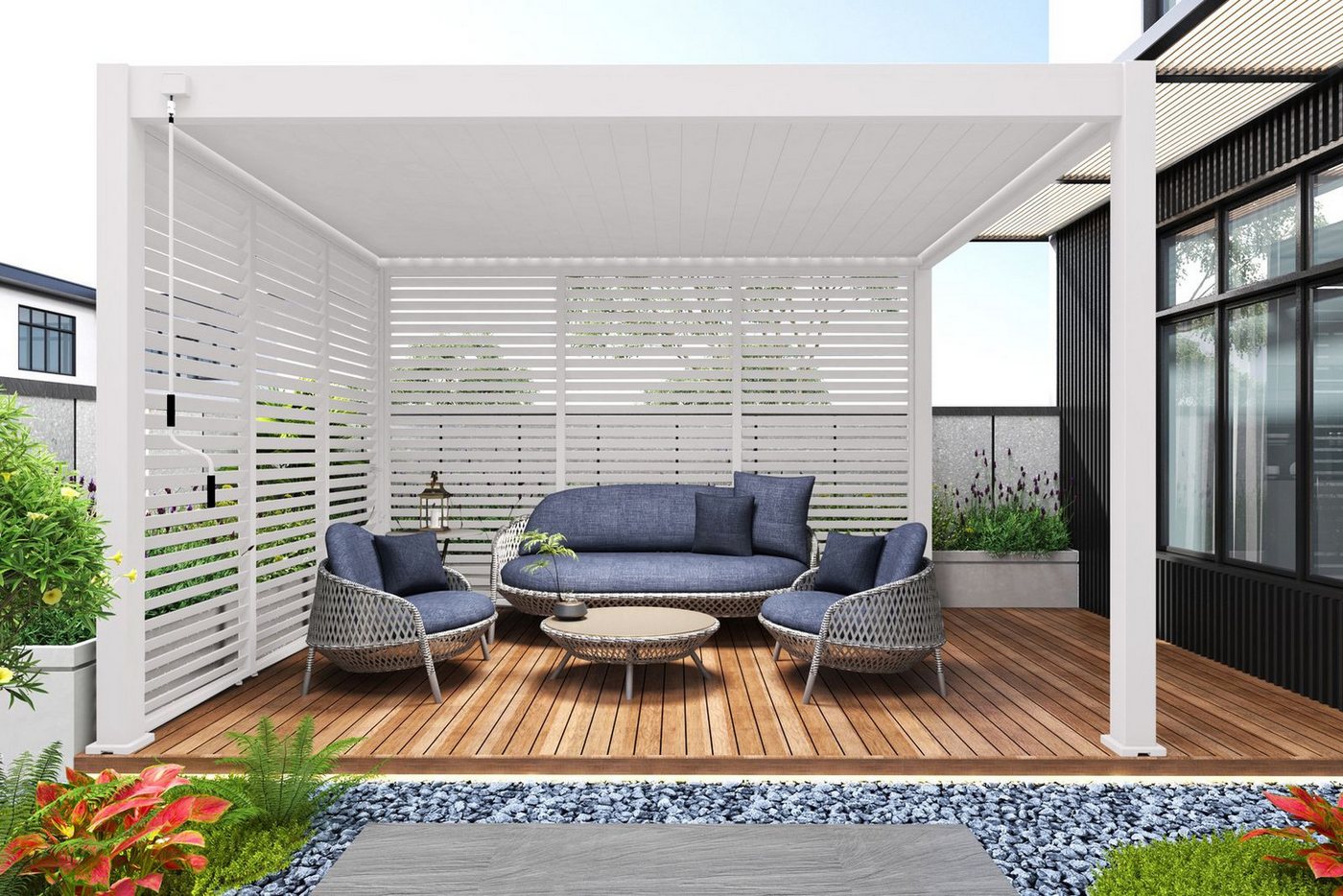 Thumbnail - Weide Pavillonseitenteil Aluminium Lamellenwand für Weide Pergola Drehbare Lamellen Weiß