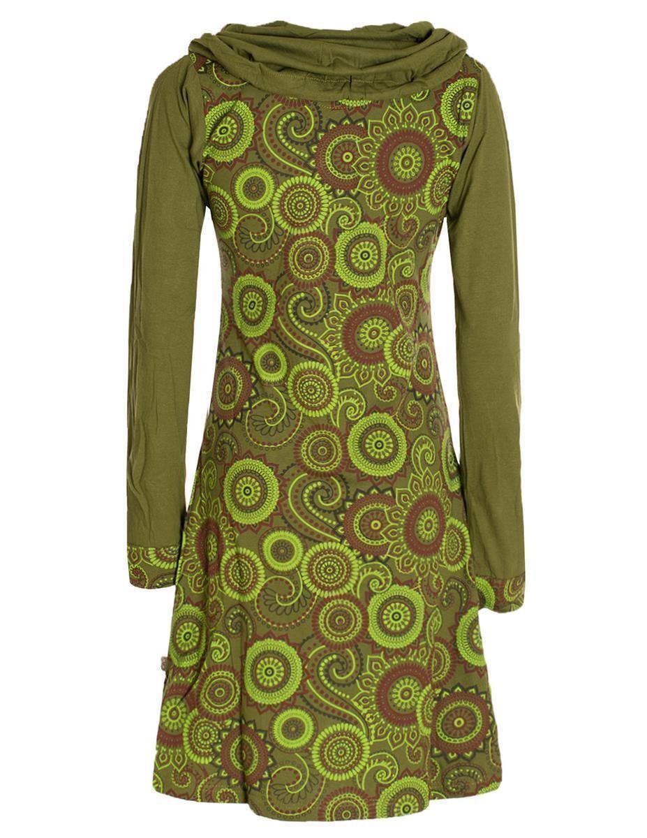 Vishes Jerseykleid Kleid Langarm Schal-Kleid Goa, Hippie, Style olive Ethno Baumwollkleid Winterkleider