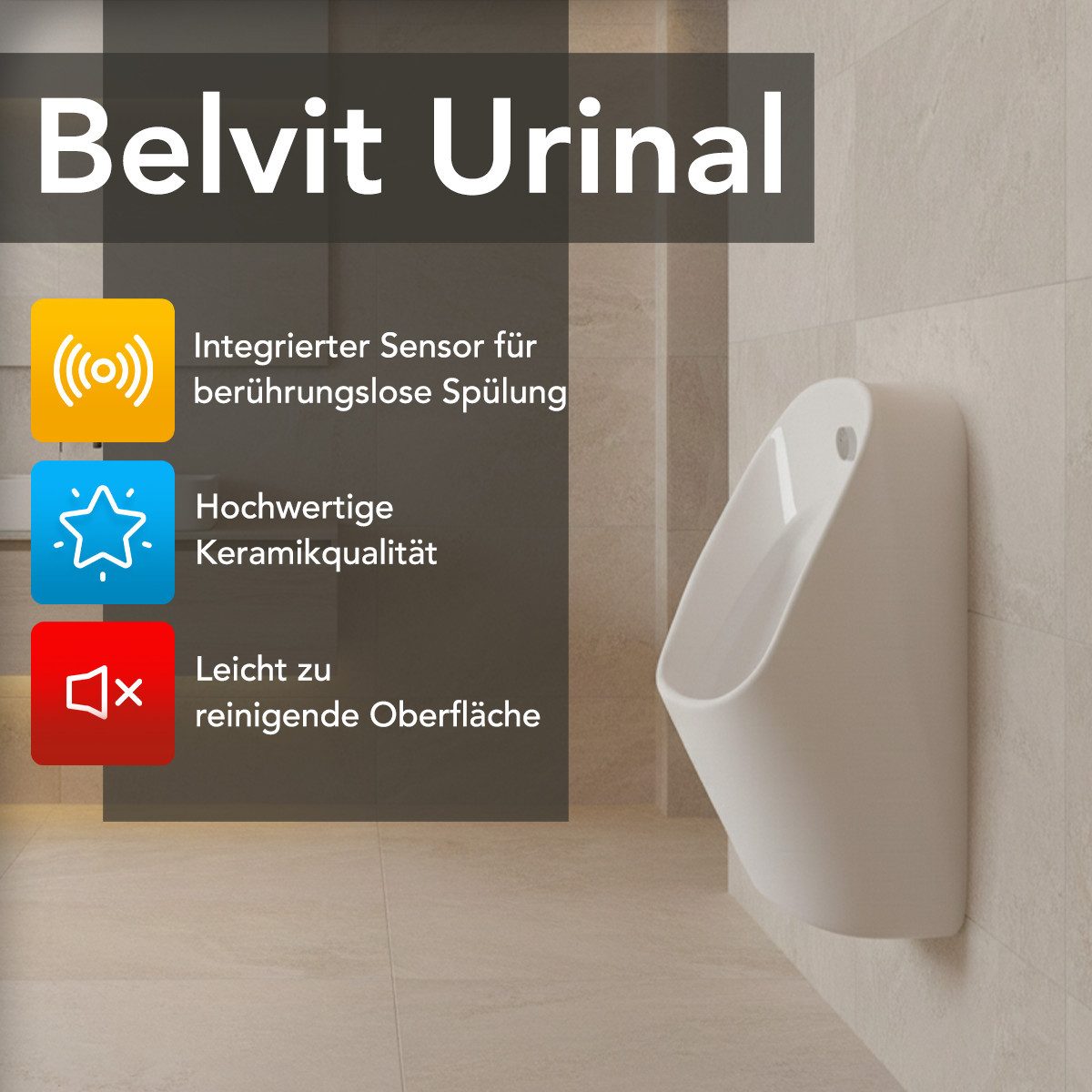 Belvit Urinal mit Sensor Rückwandanschluss 30x59x33,5 cm – Pissoir wandhängend, Keramik, Automatische Spülung, (1-tlg., Batterieversorgung ohne Stromanschluss), berührungsloser Spülung in Mattschwarz, Weiß matt oder glänzend