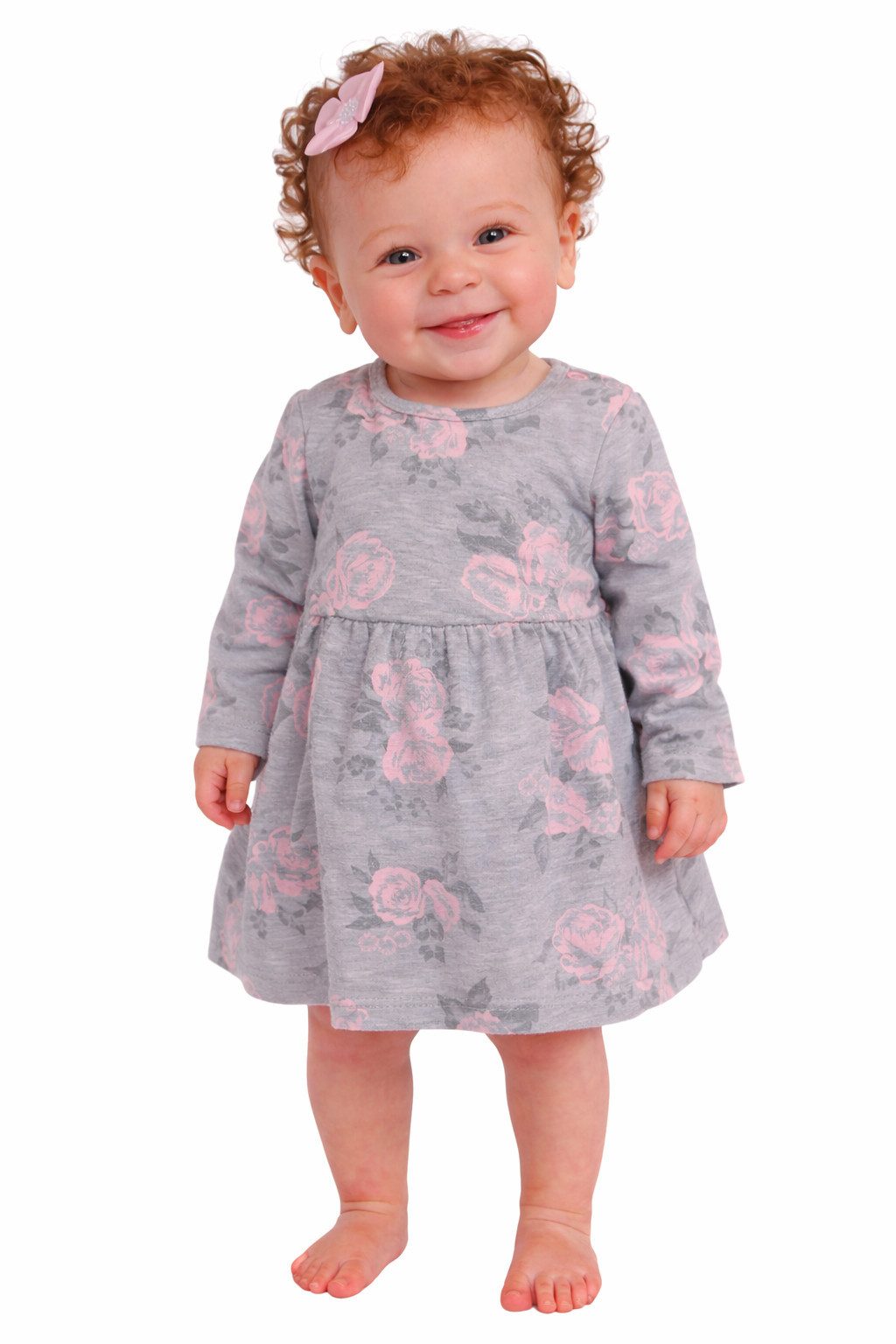 La Bortini Druckkleid Kleid Babykleid in Grau mit Rosenmuster Blumen Langarmkleid weich, gemustert, Rosen, 50 56 62 68 74 80 86