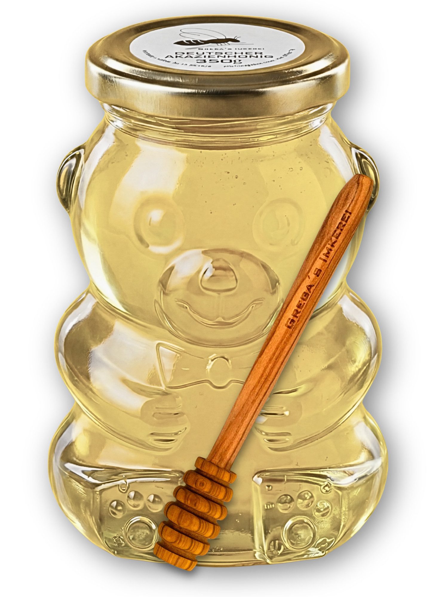 Grega´s Imkerei Honig Deutscher Akazienhonig im Bärenglas 350g, flüssig & mild, 1 x 350 g, (Perfektes Geschenk für Honigliebhaber), Im wiederverwendbaren Bärenglas optional mit Honiglöffel