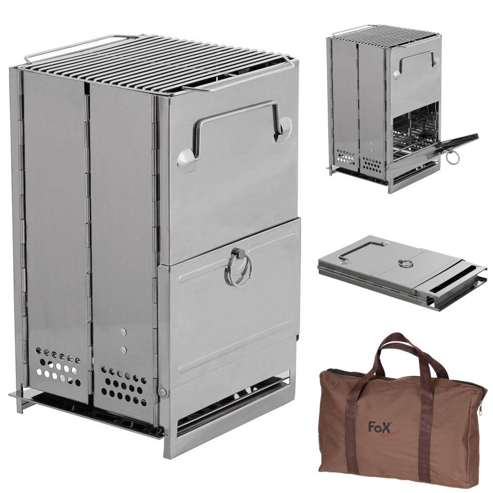 FoxOutdoor Gaskocher Raketenofen, mit Rost, faltbar, mittel, Edelstahl, (Set), Packmaß: ca. 35 x 20 x 4,5 cm (H x B x T)