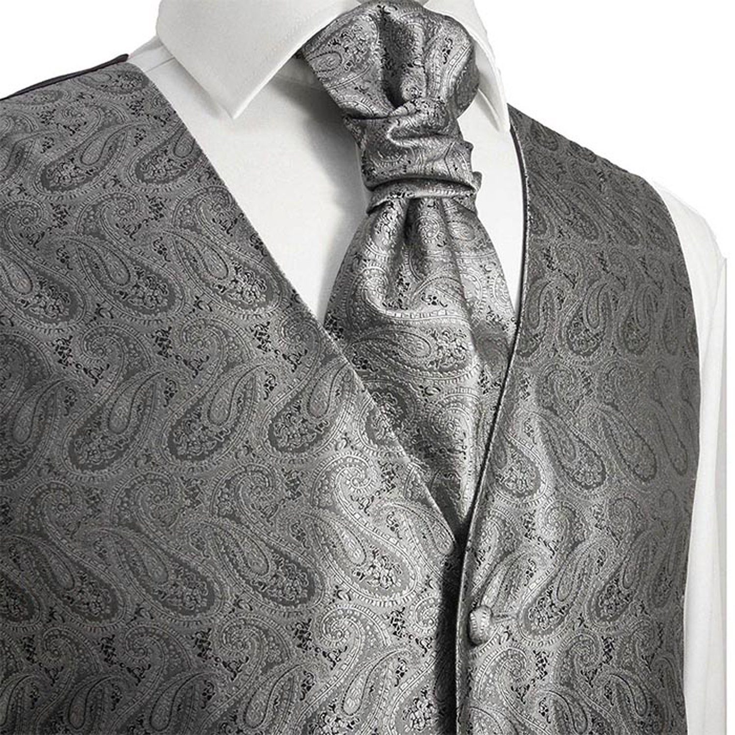 Paul Malone Anzugweste Herren Hochzeitsweste mit Plastron Set 2tlg - Paisley Bräutigam (Set, 2-tlg., mit Weste und Plastron) silber grau V30, Gr. 48 (XS)
