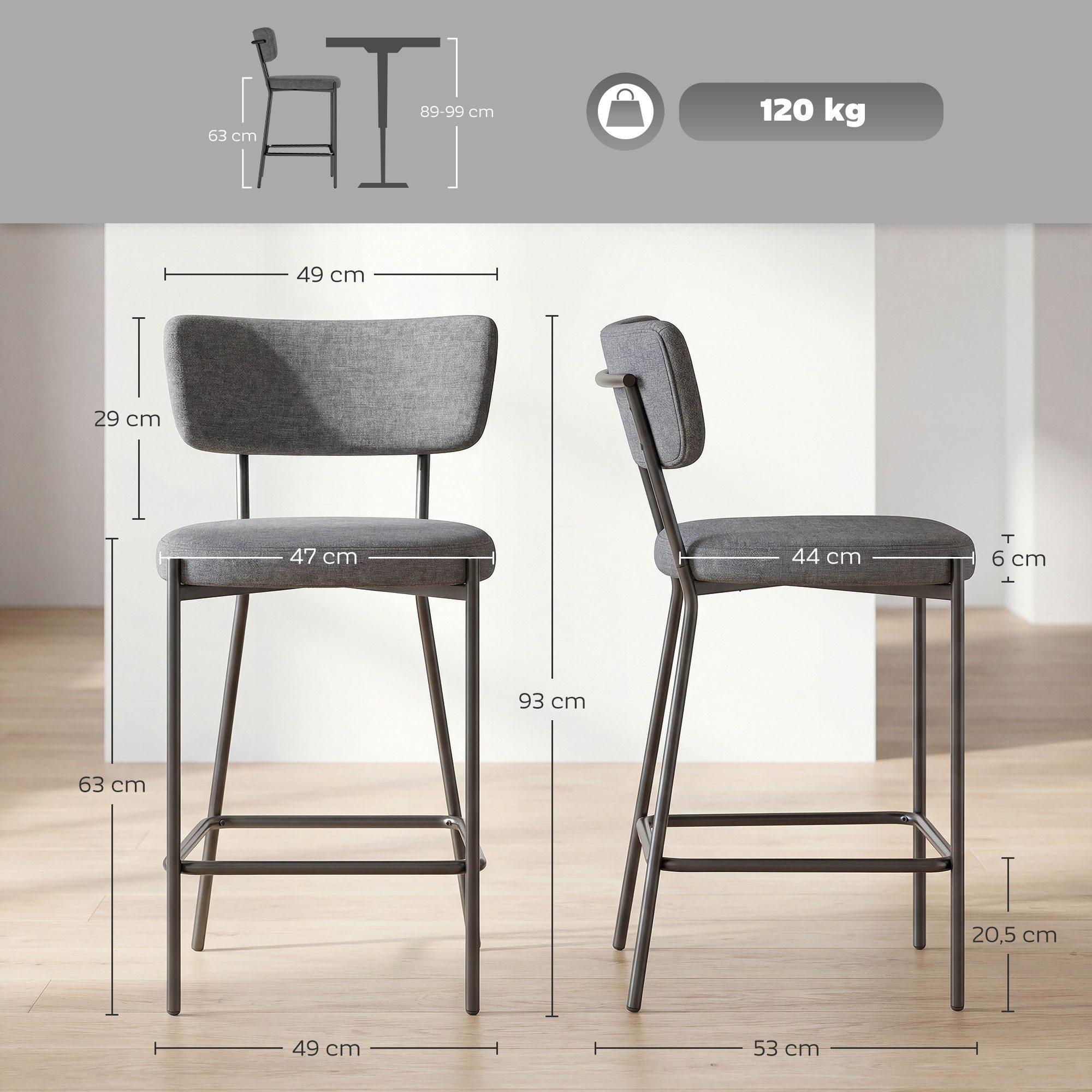 HOMCOM Barhocker Barstühle mit Fußstütze, geschwungener Rückenlehne (Tresenhocker, 2 St., Küchenstuhl), 63 cm Sitzhöhe für Küche, Esszimmer, Grau