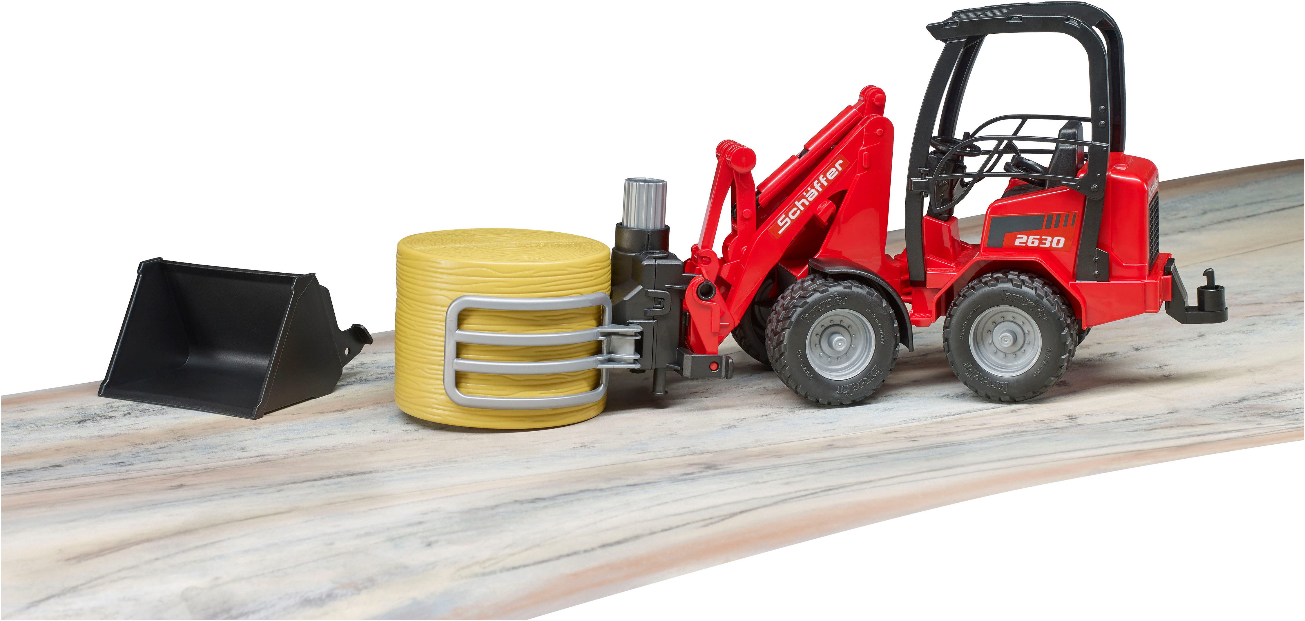 Bruder® Toy Farm Machine Schäffer Wheel Loader 2630/Bale Grab/Round Bale (02192), Made in Europe