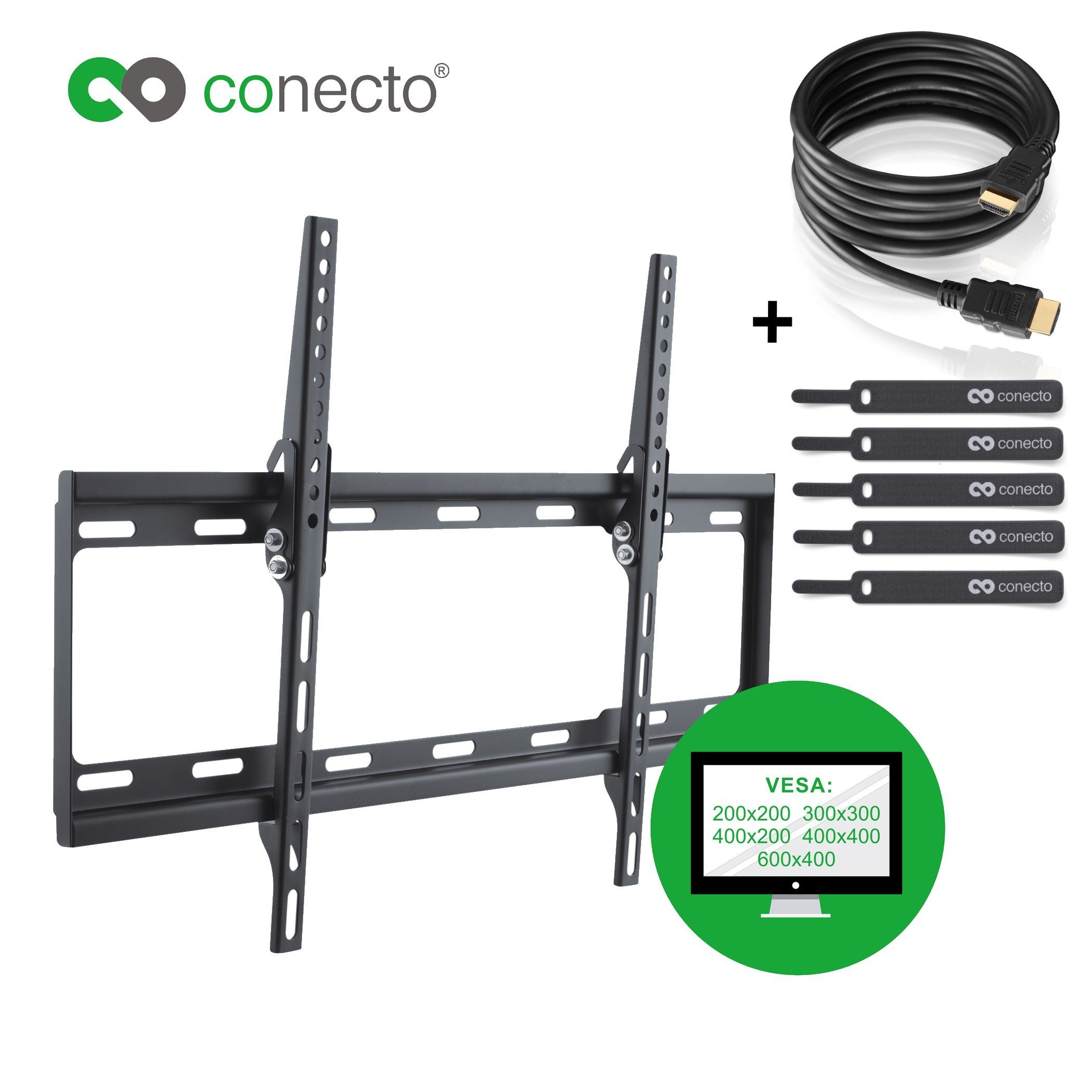conecto TV-Wandhalterung TV Wandhalter für LCD LED Fernseher & Monitor, (bis 65 Zoll, inklusive HDMI-Kabel und Klett-Kabelbinder, neigbar)