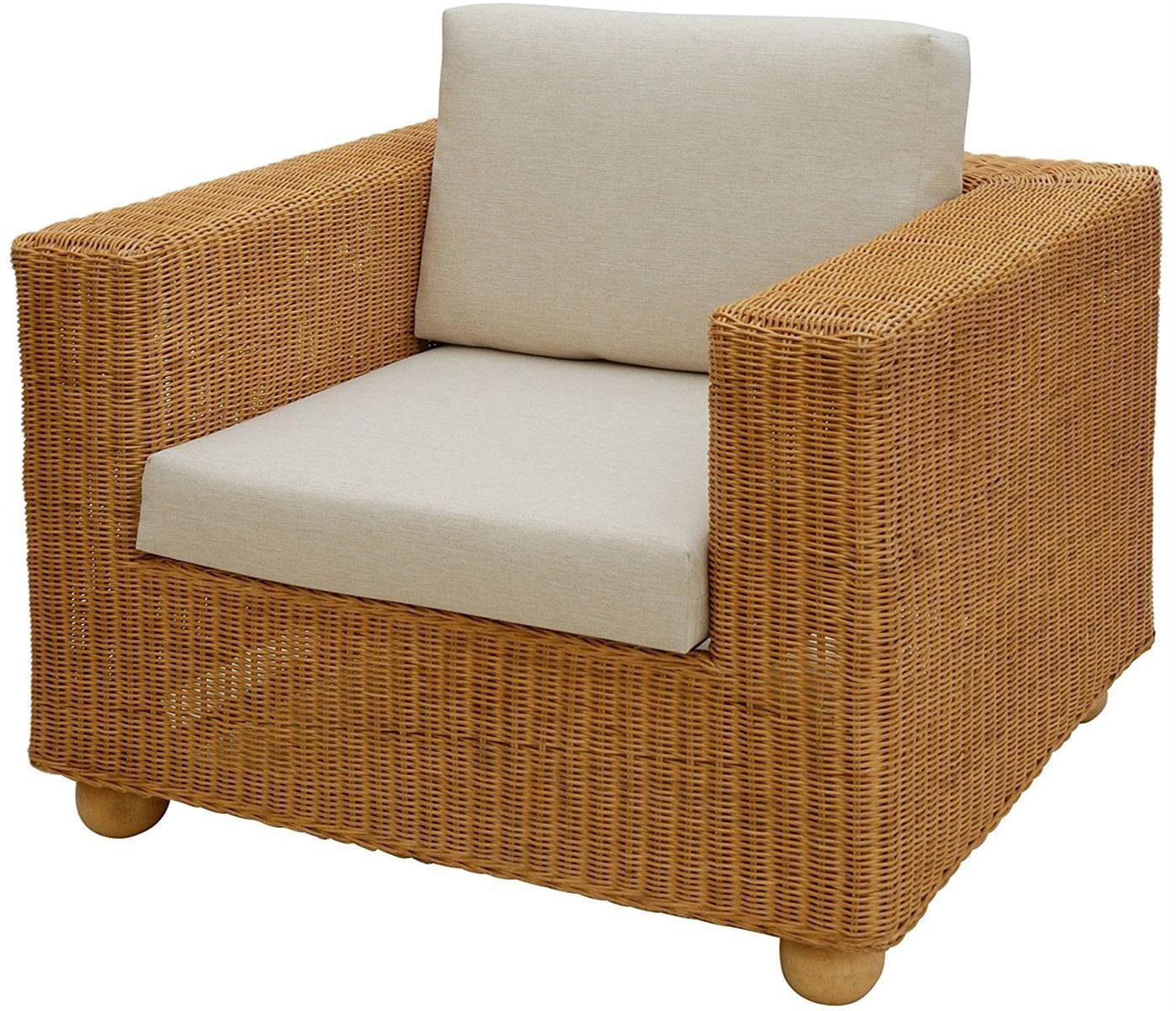 Krines Home Sessel Breiter Rattan-Sessel Lounge mit Sitz- und Rückenpolster Beige (Honig), Wohnzimmersessel aus echtem Rattan