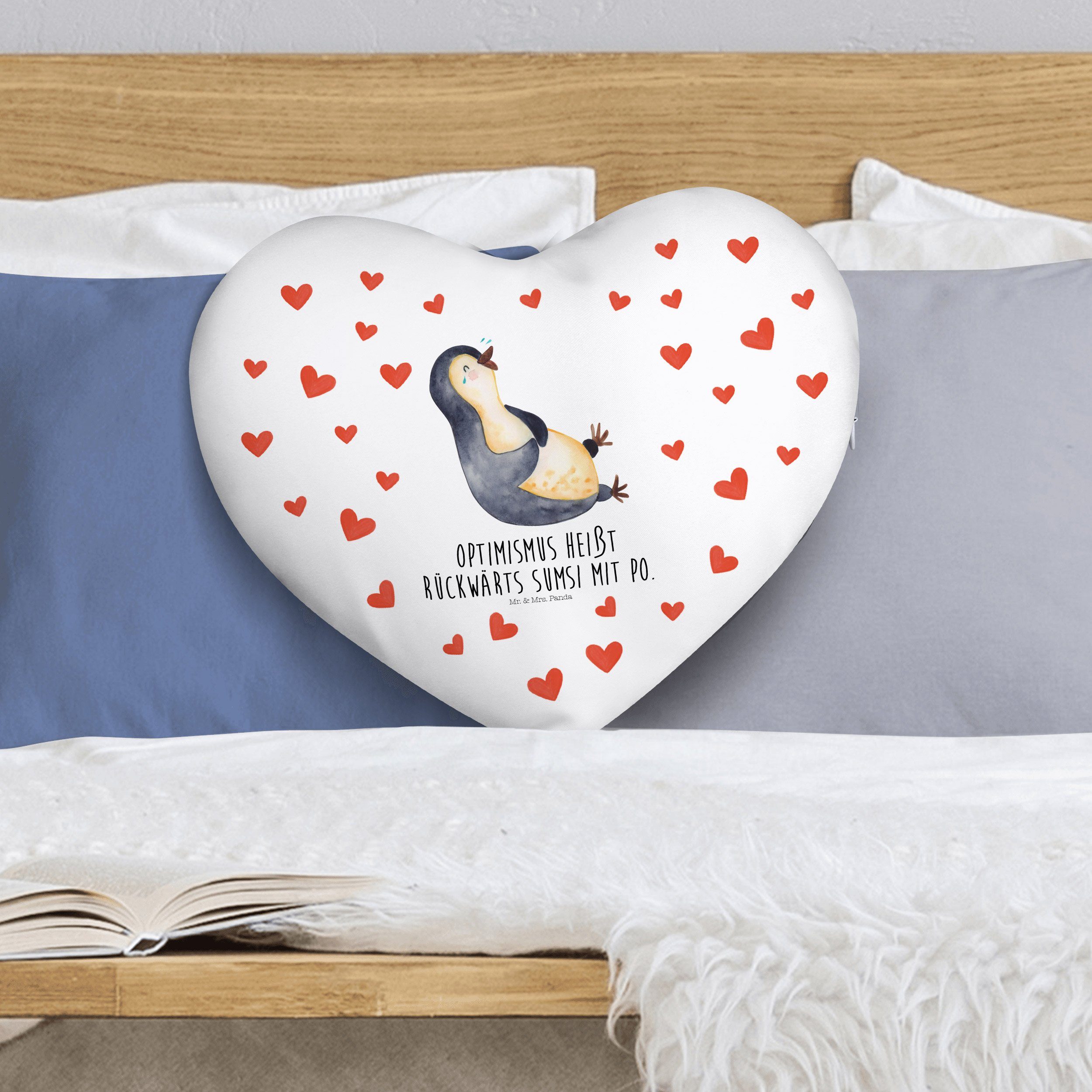Mr. & Pinguin Geschenk, Freude, Weiß Dekokissen - Fröhlichkeit, Humor lachend - Panda Herz, Mrs