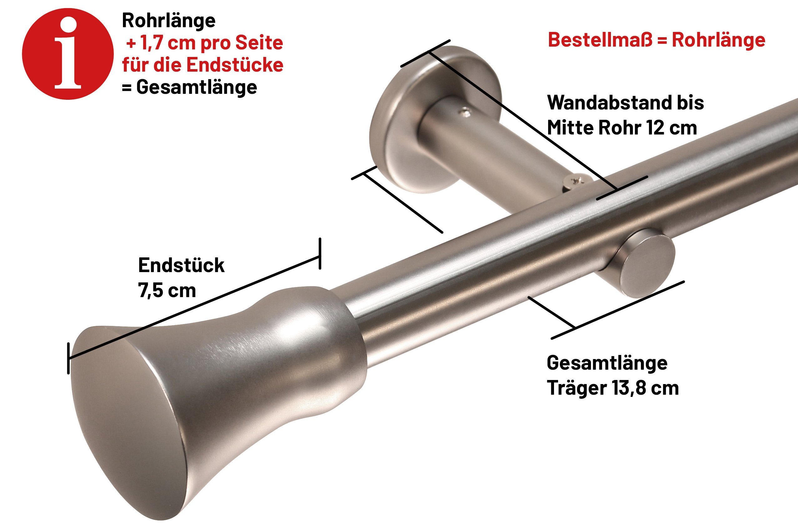 Metall, Komplett-Set Wunschmaßlänge, Montagematerial mm, Edelstahl-optik, 25 verschraubt, Kegel 1-läufig, in mit Ø Deco-Raum, Gardinenstange kürzbar, Bohren,