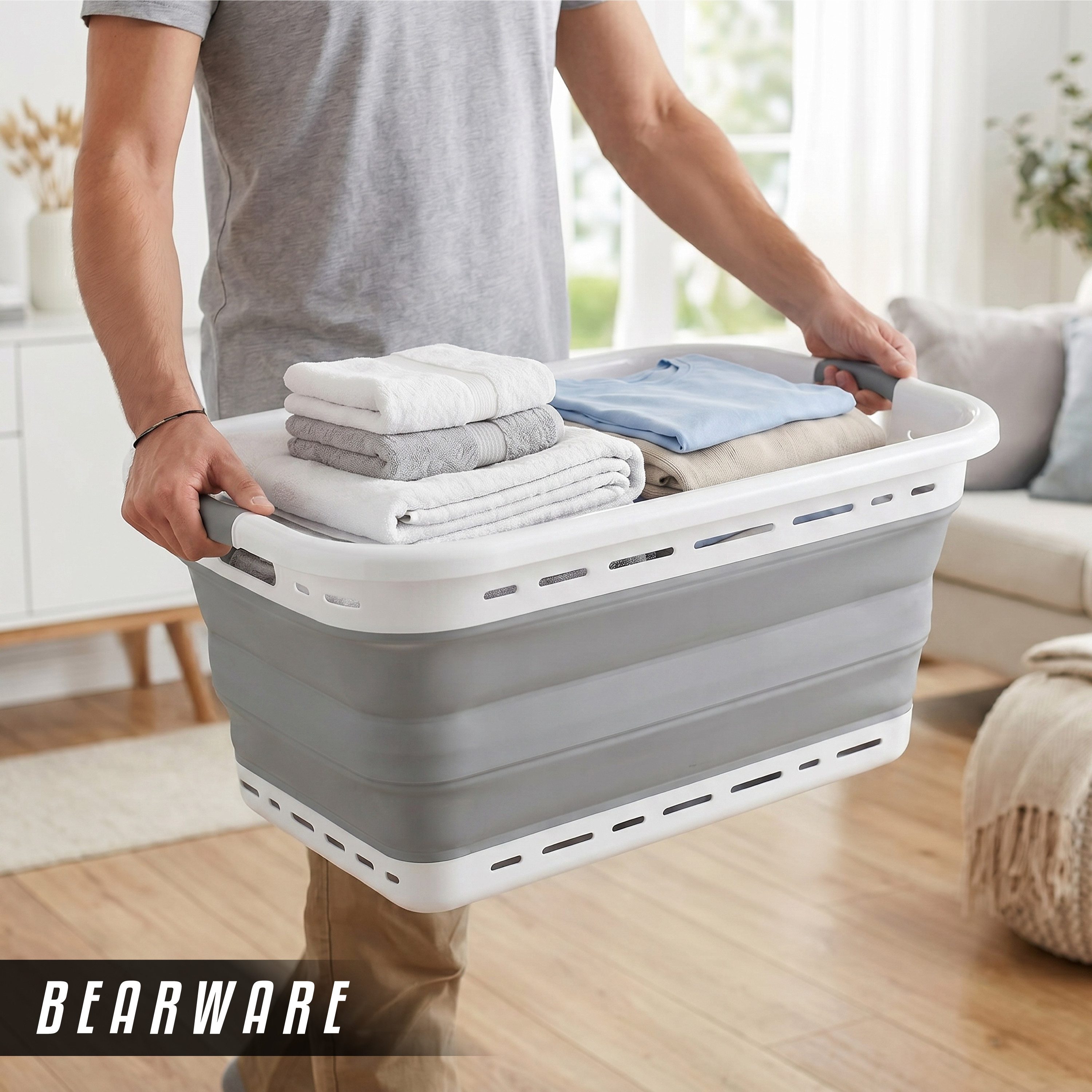 BEARWARE Wäschekorb Faltbarer Wäschekorb 45 l, Wäschewanne mit gummierten Griffen (1 St), faltbar von 27,5 auf 8,5 cm, über 70% Raumgewinn, Belüftungsschlitze – Bild 5 von 5