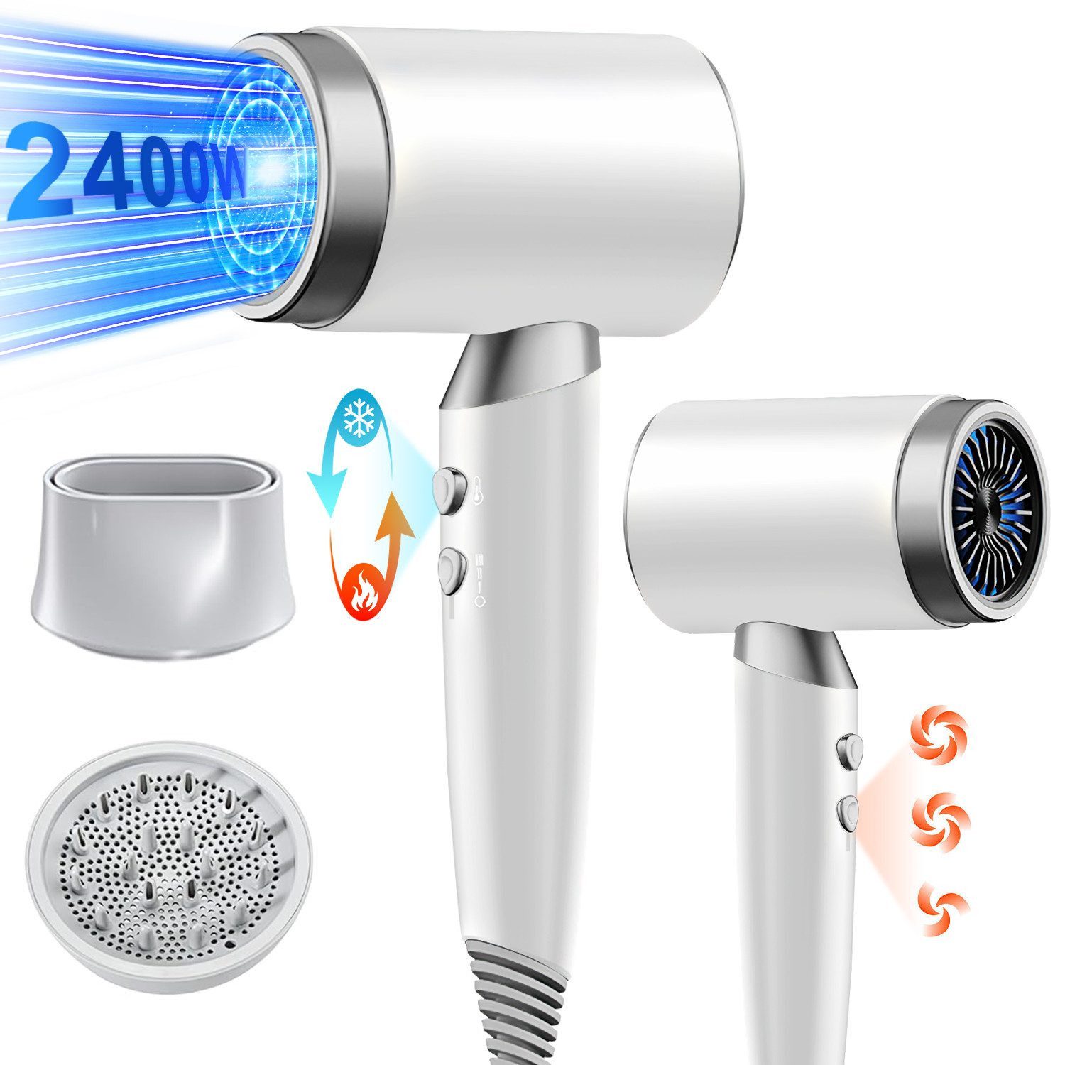 ibettertec Haartrockner Haartrockner Föhn Ionen 2400W,Anti-Spliss mit Kaltluft Modus, 2400,00 W, (25m/S, 3 Stylingaufsätze, angereichert mit Keratin und, Mandelöl, Ionenpflege - Anti Frizz, langlebiger AC-Motor)