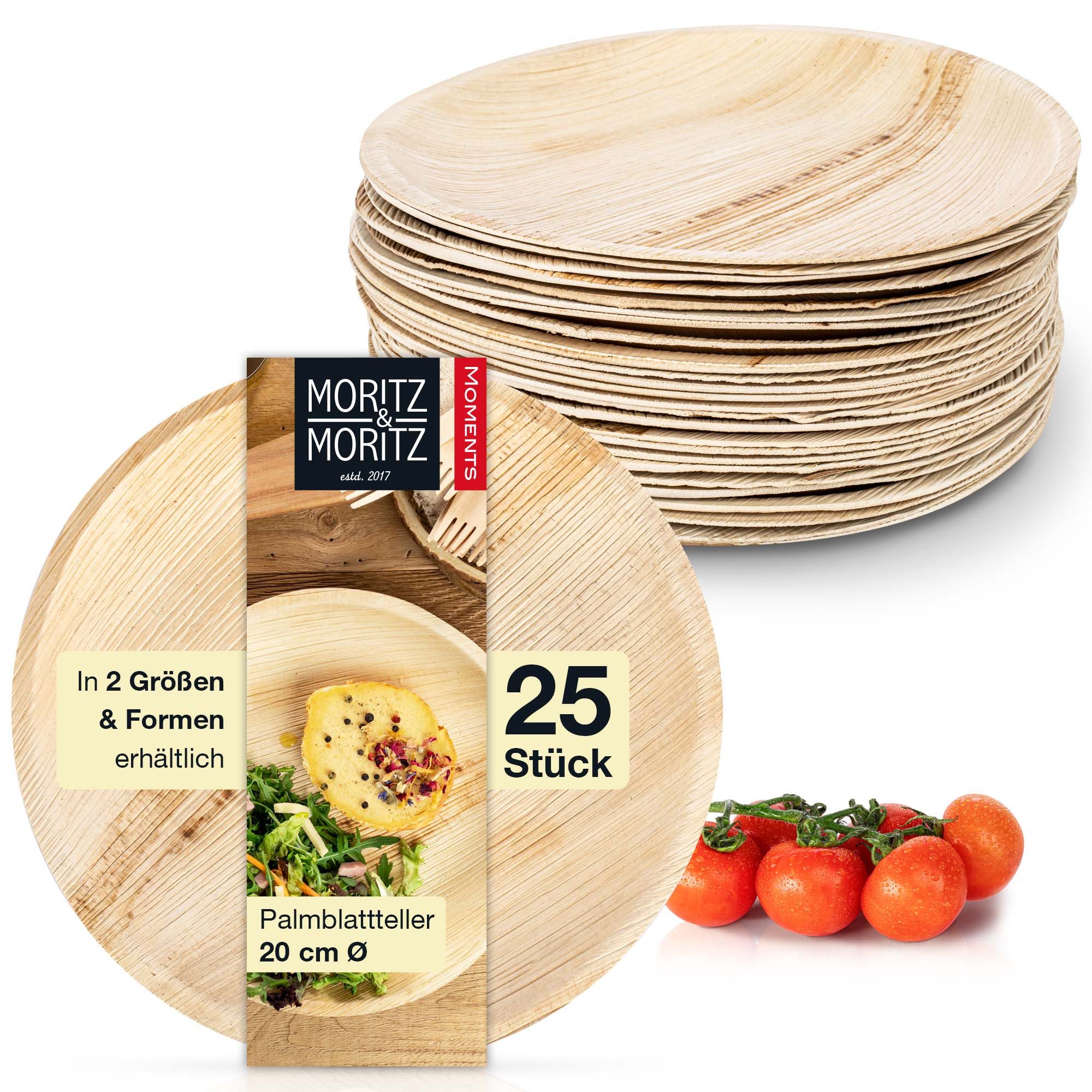 Moritz & Moritz Einweggeschirr-Set 25tlg Palmblatt Teller Rund Ø 25cm (25-tlg), 25 Personen, Palmblatt, Birkenholz, 25x25cm